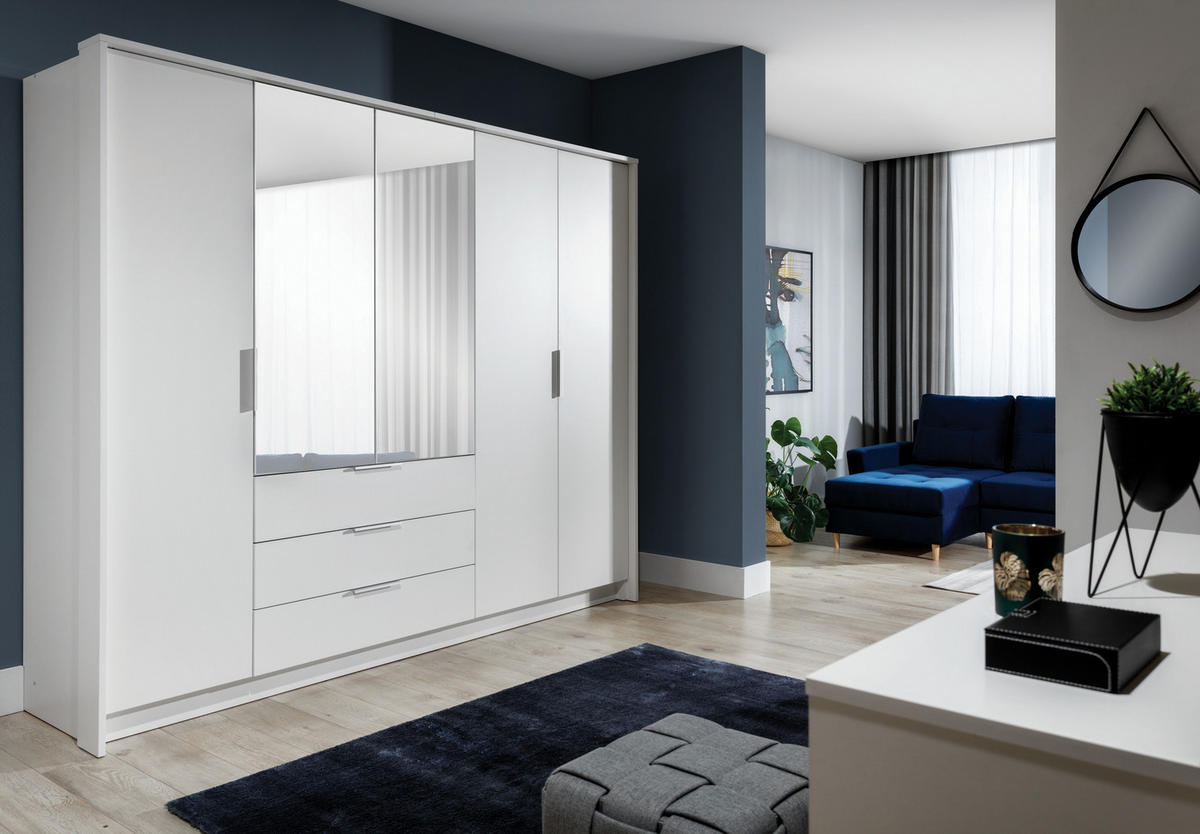 DREHTÜRENSCHRANK RAMMUS 255/217/65 cm 5-türig mit Spiegel Weiß - Weiß, Holzwerkstoff (255/217/65cm) - MASSENO