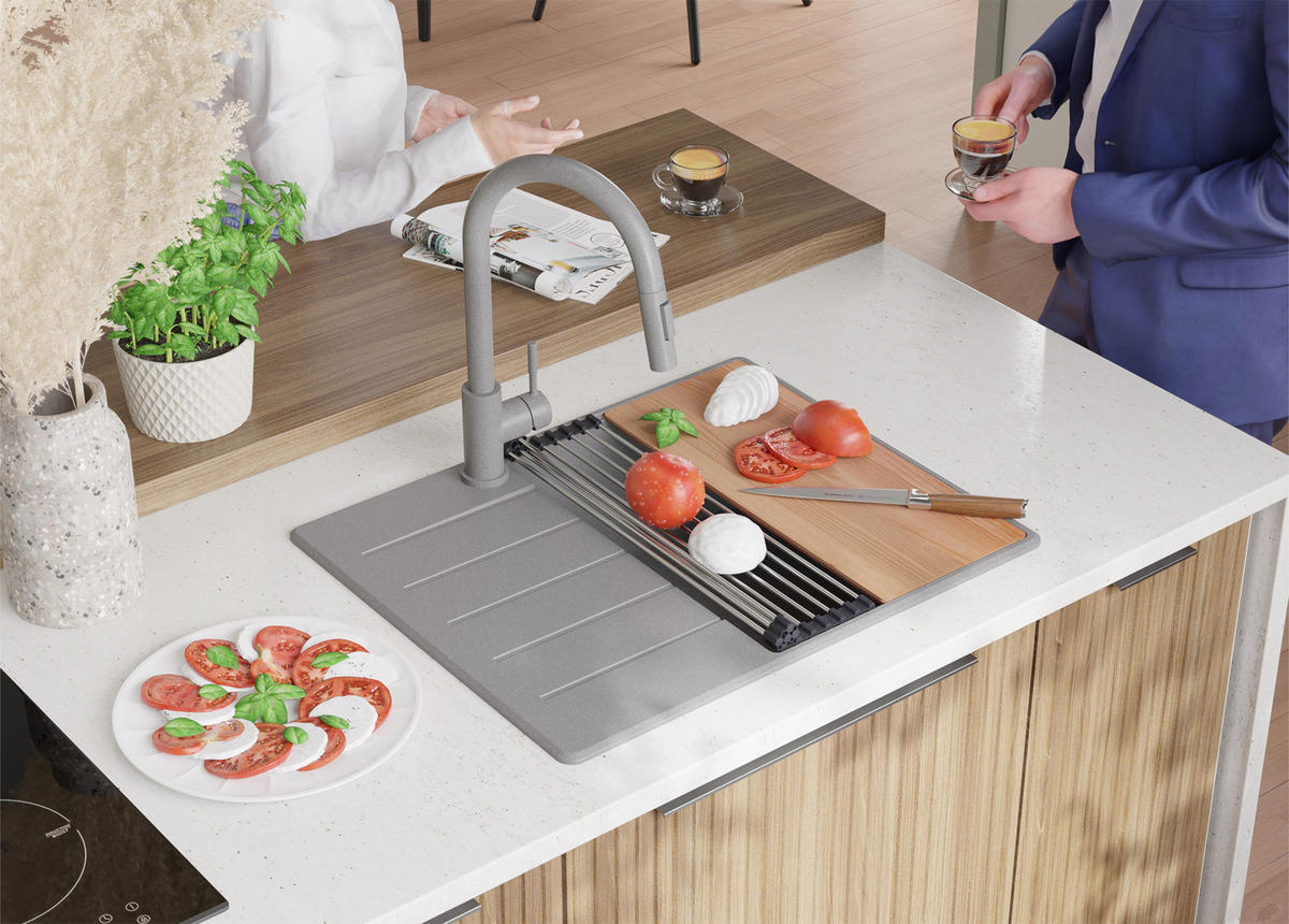 SPÜLBECKEN Kopenhagen, 2-er set Grau 62/50 cm 1 Becken + Ablauf-Set + Schneidebrett ab 45er Unterschrank - Beige/Grau, Kunststoff (62/20/50cm) - Primagran