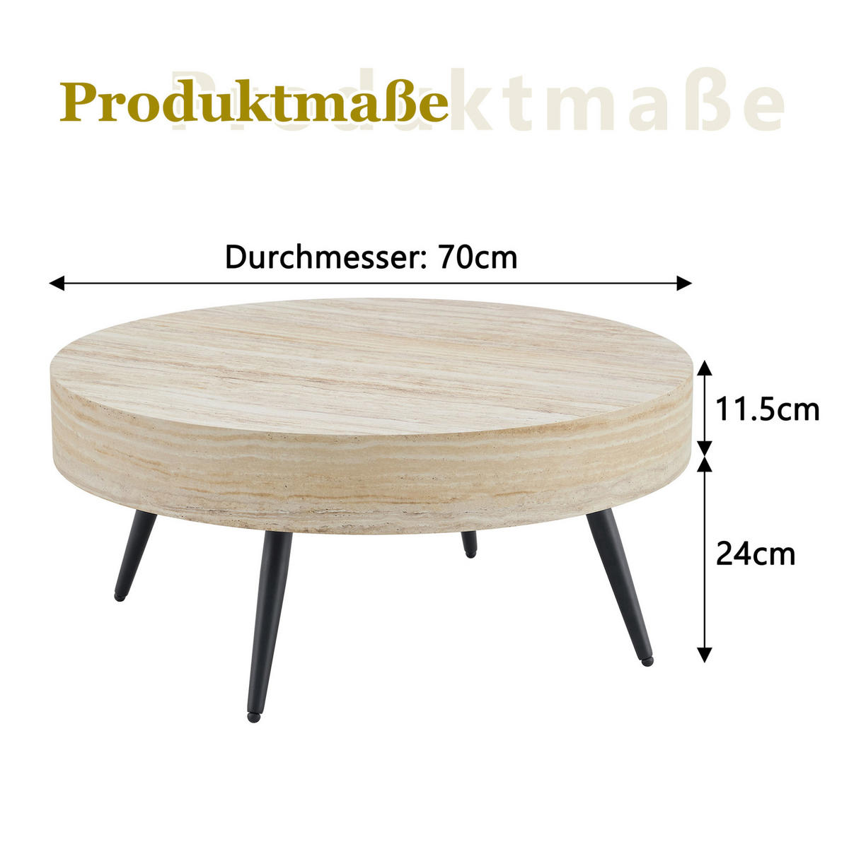 COUCHTISCH 70/70/35,5 cm aus MDF mit Travertin-Optik und Metallgestell, runde Form, Schwarz/Holzfarben - Schwarz, Holzwerkstoff (70/70/35.5cm) - Redom