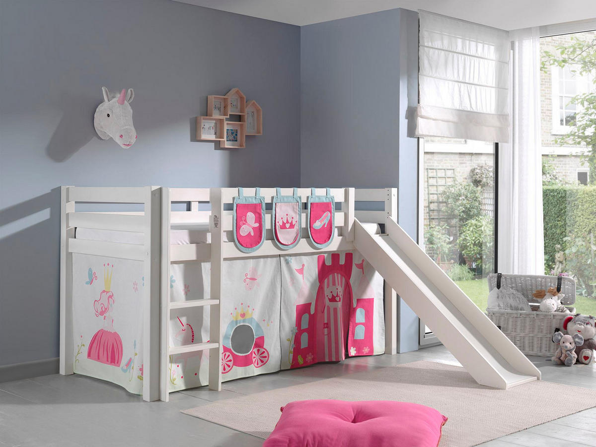 HOCHBETT mit Rutsche Karolina Massivholz Weiß Textilset Princess 3 - Magenta/Weiß, Holz (90/200cm) - 58aufmkessel