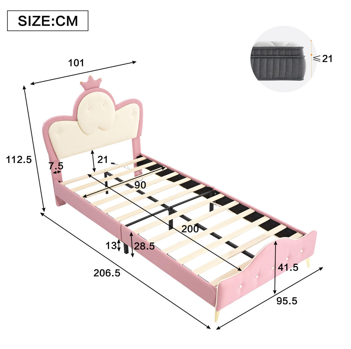 KINDERBETT 90/200 cm mit LED-Lichtleiste, weichen Schutzkanten und Kronen-Kopfteil aus PU, Rosa/Weiß - Weiß, Kunststoff (90/200cm) - Redom