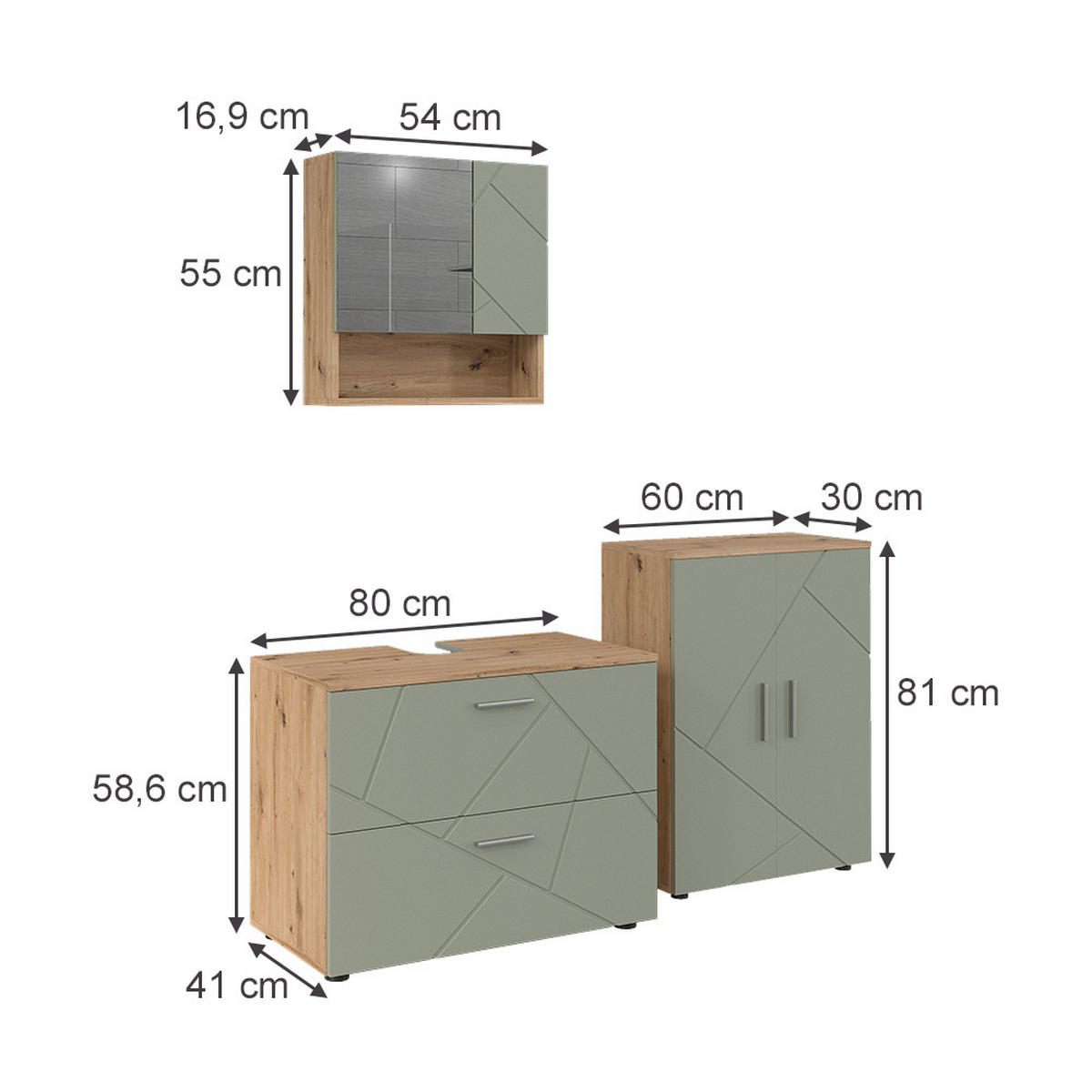 BADMÖBEL-SET Irma Salbeigrün 3 Teile - Salbeigrün, Holzwerkstoff (80/58.6/41cm) - Vicco