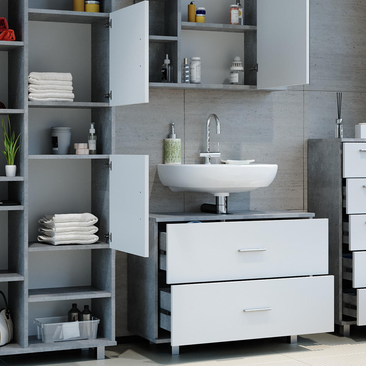 BADMÖBEL-SET Ilias Beton/Weiß 4 Teile, mit Hochschrank - Weiß/Grau, Holzwerkstoff (80.2/60.8/33cm) - Vicco