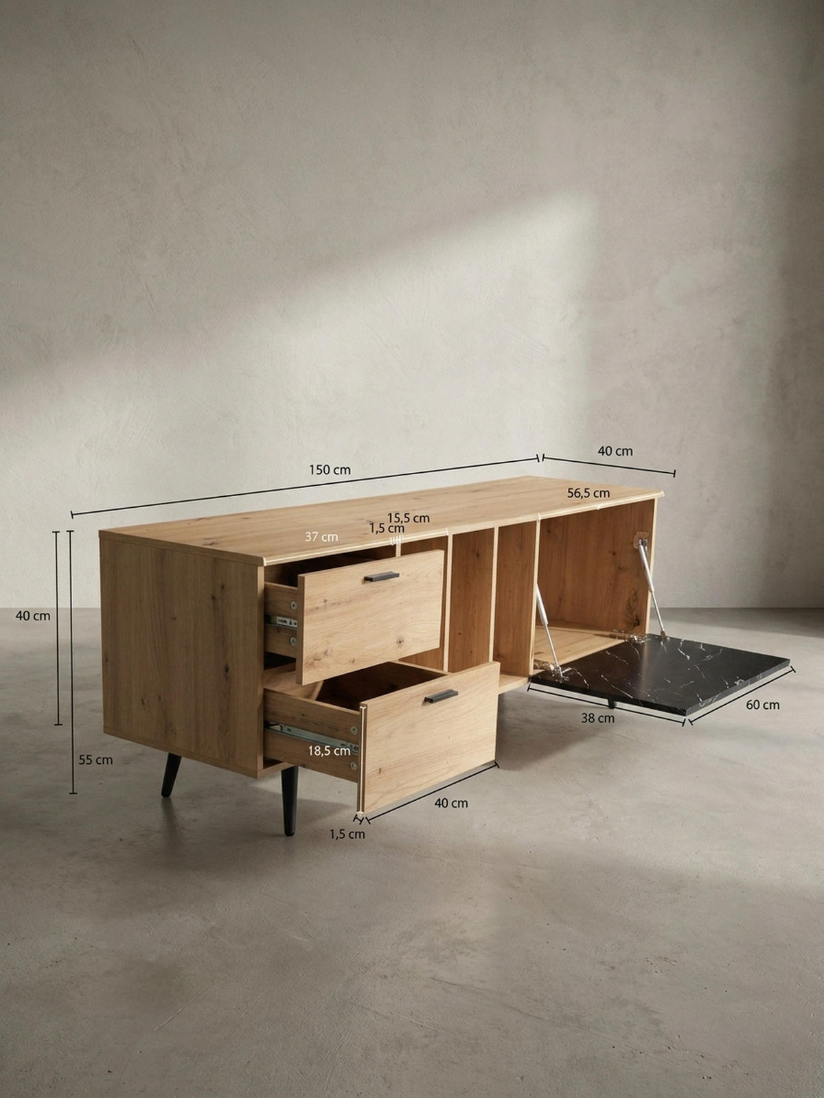 TV-LOWBOARD mit Eiche-Dekor, Tür und Schubladen, kompakte Aufteilung, Braun-Schwarz/Marmoroptik 150x40x55 cm - Anthrazit/Schwarz, Holzwerkstoff/Metall (150/55/40cm) - KADIMA DESIGN