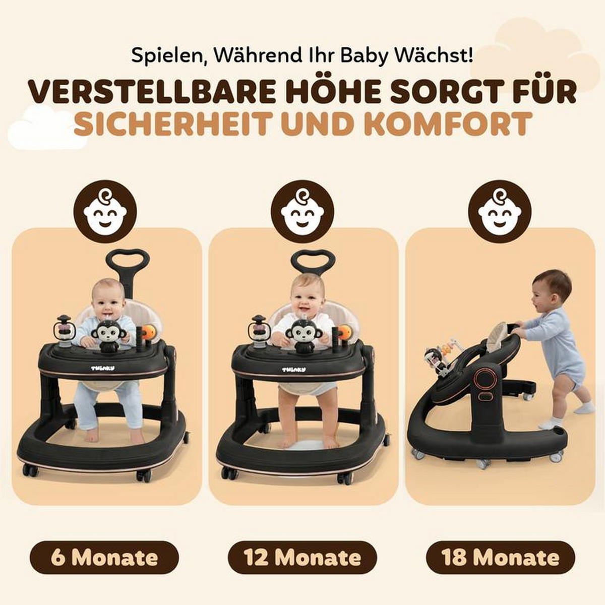 LAUFLERNHILFE GO 3 in 1 Schwarz - Lauflernwagen mit Spielset und Zubehör - Schwarz, Kunststoff (70/70cm) - Twinky