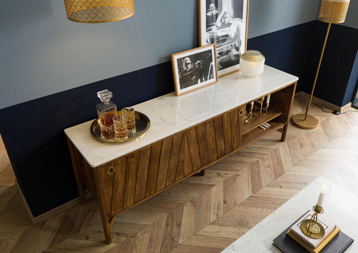 SIDEBOARD Mango 185x45x65 braun geölt / echter Marmor LOS ANGELES #06 - Braun, Holz (185/65/45cm) - Massivmoebel24