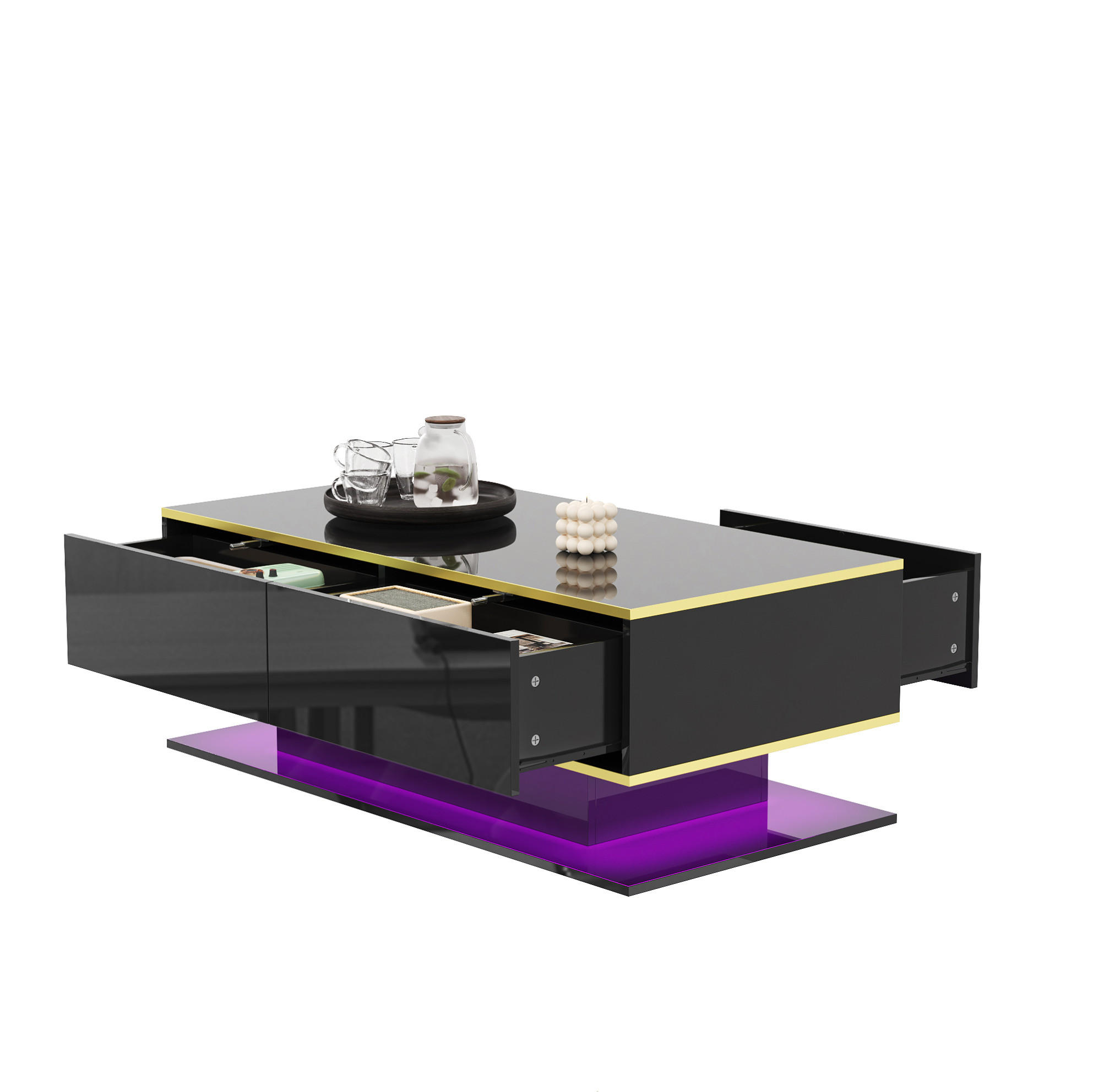 COUCHTISCH 100/50/40 cm in Schwarz/Gold mit LED-Beleuchtung und 3 Schubladen - Schwarz, Holzwerkstoff (100/50/40cm) - Flora Grace