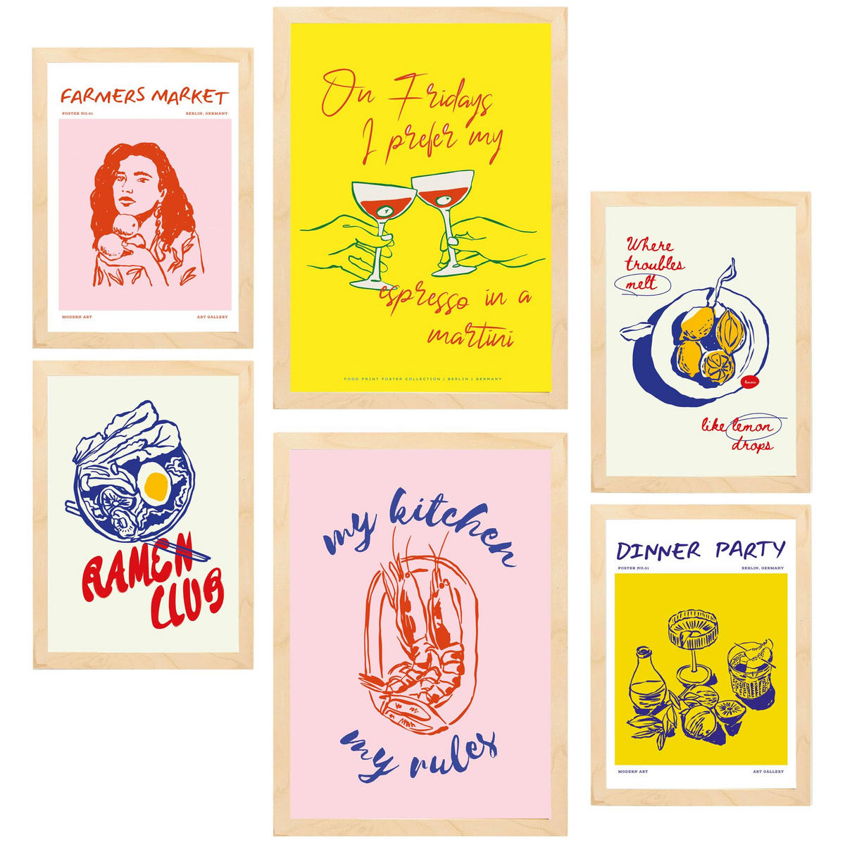 POSTER Set Mit 6 Von Lebensmitteln & Wein Im Pop Art A3 & A4 Rahmen Aus Hellem Holz - Beige, Papier (29/3cm) - Nacnic