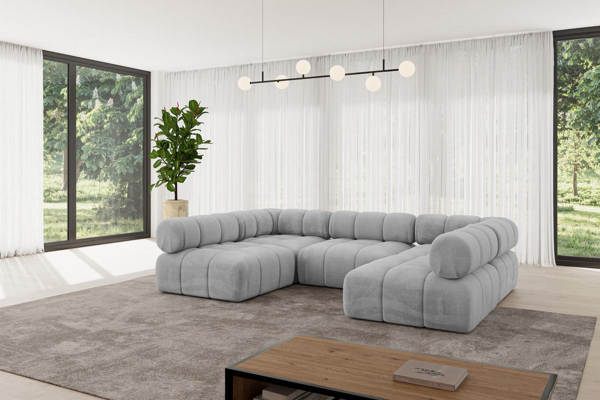WOHNLANDSCHAFT modulares Sofa Garvo-U1 - 285x190x70 cm Hellgrau Velours - Hellgrau, Holzwerkstoff/Textil (285/70/190cm) - ALTDECOR