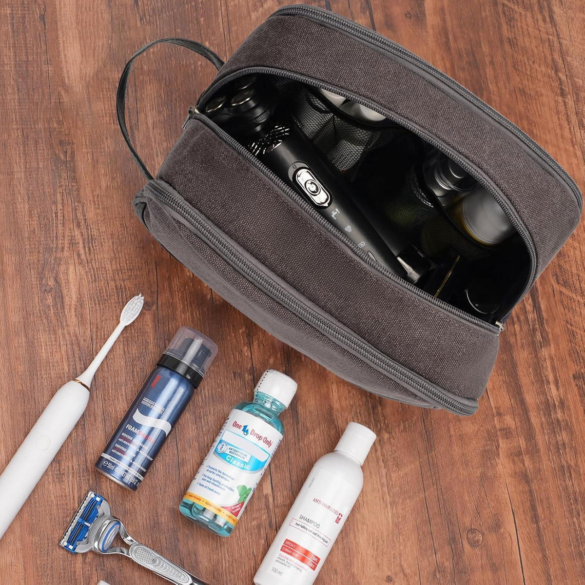 KULTURTASCHE Dunkelgrau Canvas/Veganes Leder - Anthrazit, Textil (16/13/25cm)
