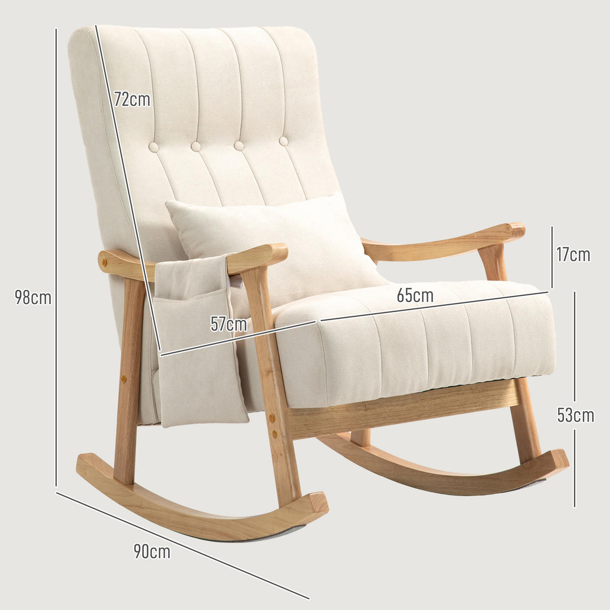 SCHAUKELSTUHL Schaukelsessel mit Lendenkissen, Seitentasche für Wohnzimmer Beige - Beige/Naturfarben, Holz/Buchenholz (65/98/90cm) - HOMCOM