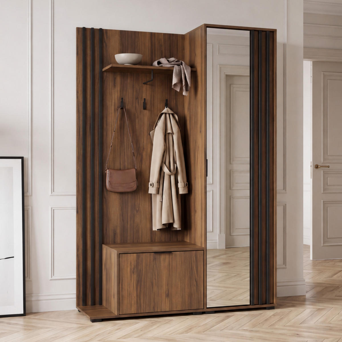 GARDEROBE STILO 131 cm (Nussbaum, Schwarze Lamellen, Spiegel, Metallgriffe) - Walnussfarben/Schwarz, Holz/Holzwerkstoff (131/192/40cm) - Ravio