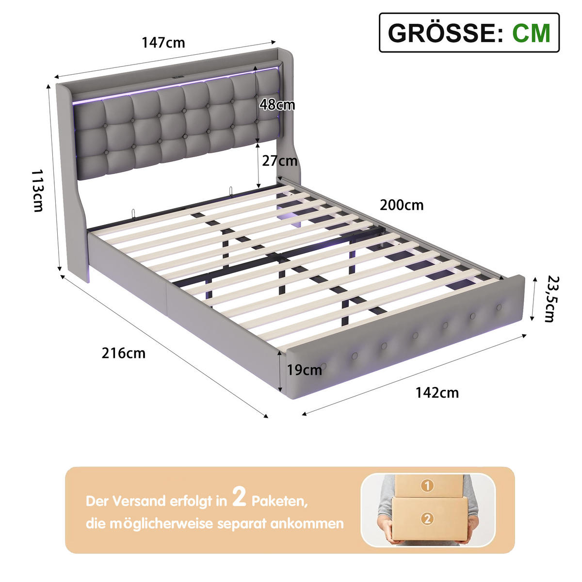 POLSTERBETT 140x200 cm Schwebebett mit LED & USB, Samtstoff Grau Doppelbett mit Lattenrost - Grau, Metall (140/200cm) - EuroLiving