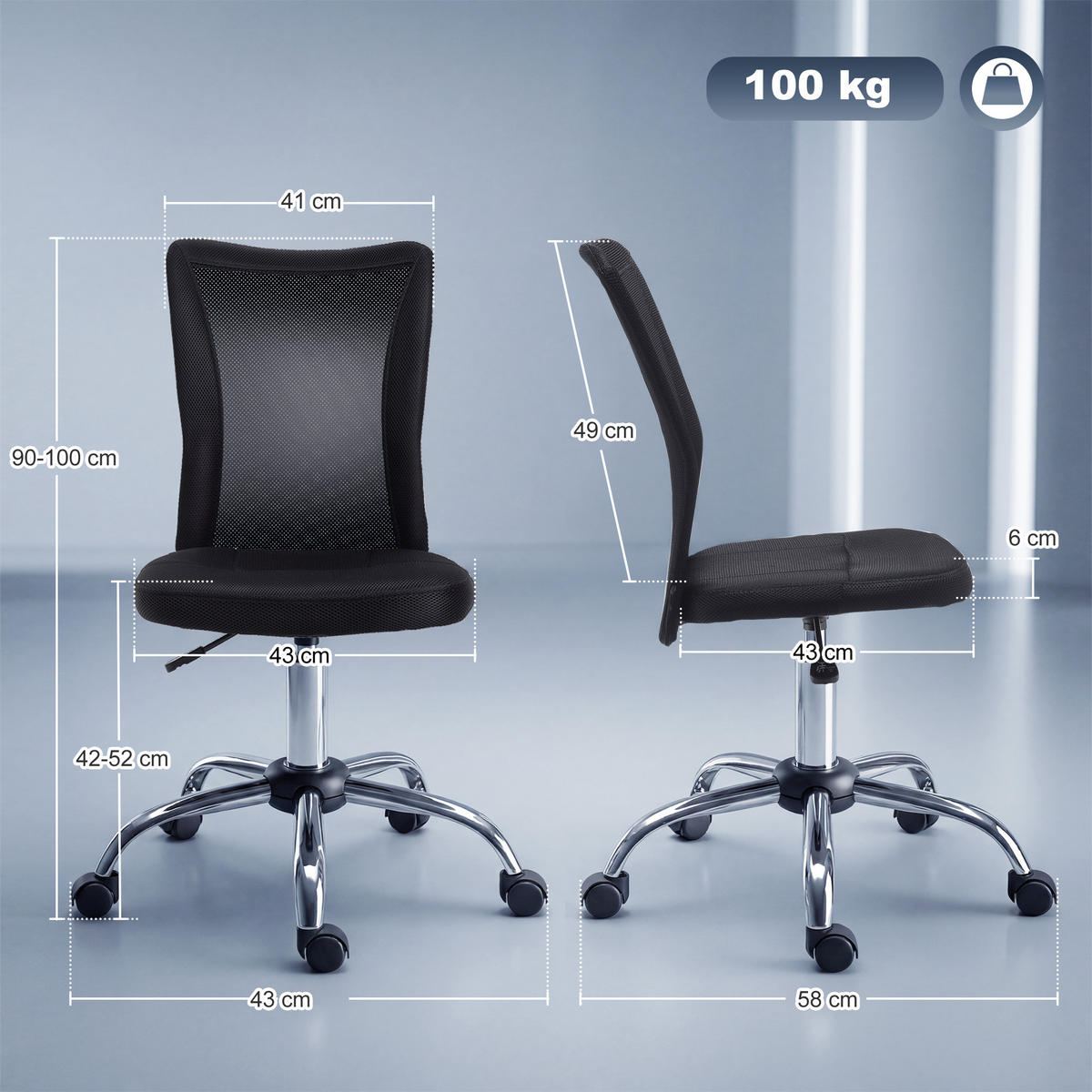 BÜROSTUHL Schreibtischstuhl, höhenverstellbar, Mesh, 43 cm x 58 cm x 100 cm, Schwarz - Schwarz, Textil (58/100/43cm)