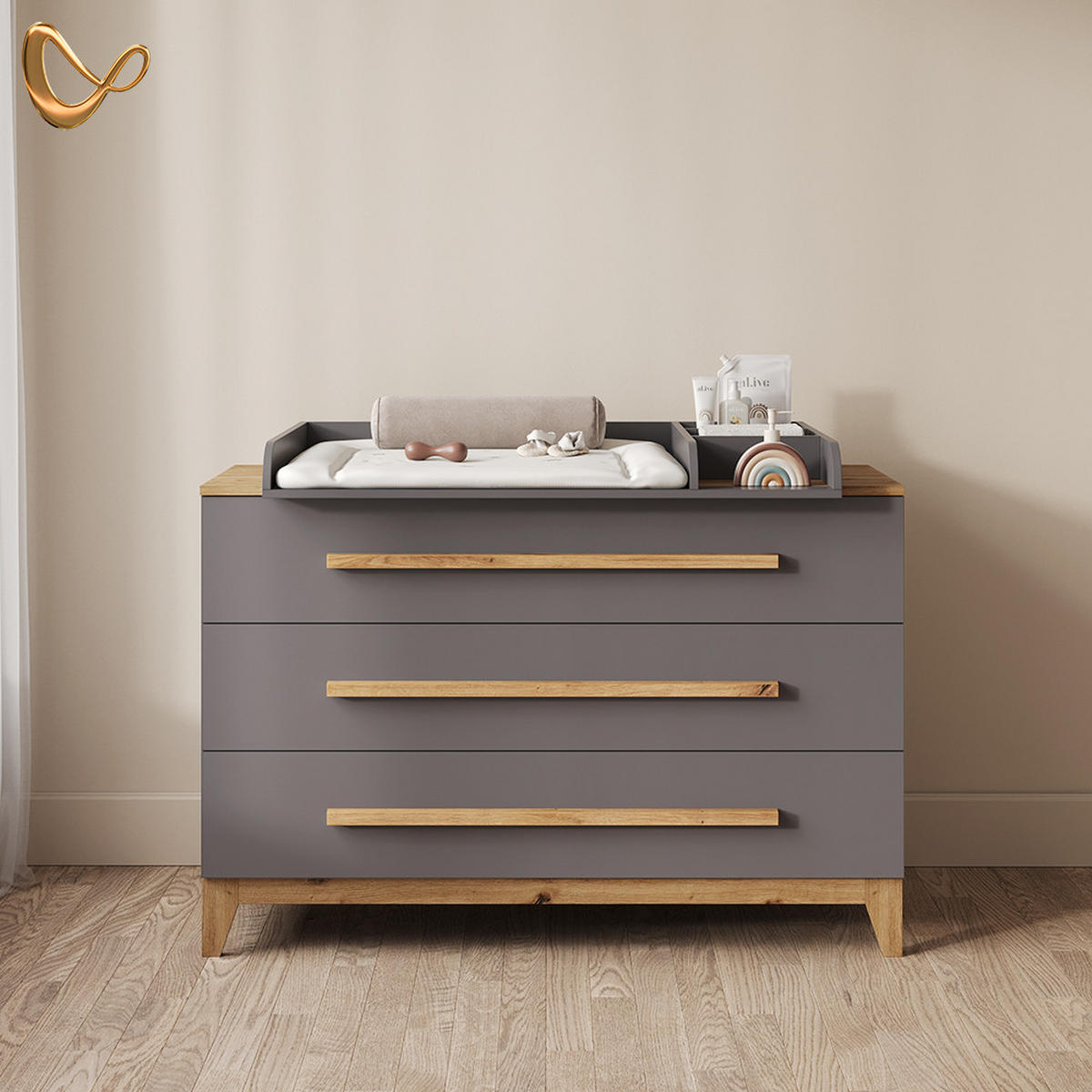 WICKELKOMMODE Mailo Grau/Artisan XL mit 3 Schubladen - Eiche Artisan/Grau, Holzwerkstoff (133/98/70cm) - Livinity®