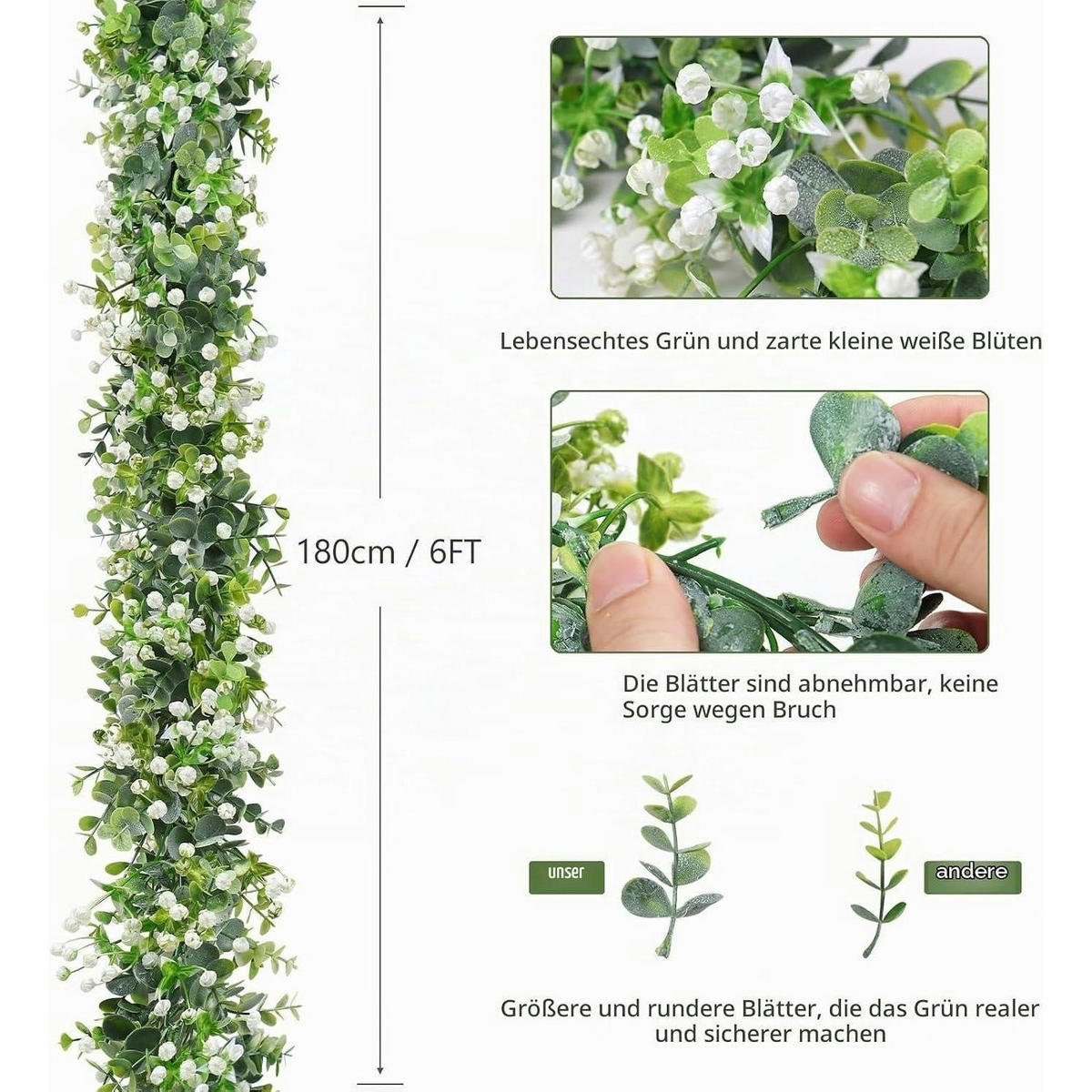 GIRLANDE 4-teiliges Set Eukalyptus mit weißen Blüten 180 cm - Multicolor, Kunststoff (10cm)
