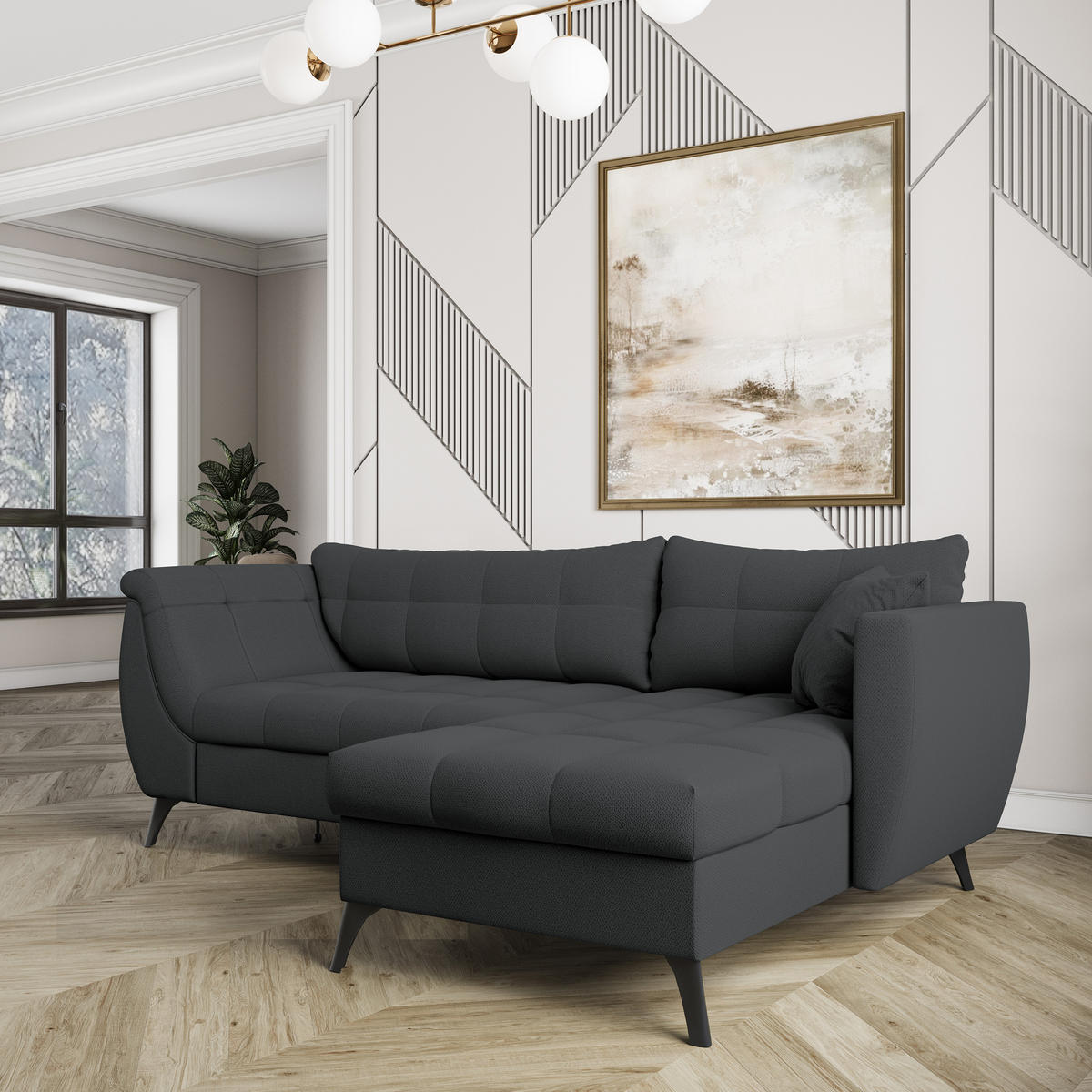 ECKSOFA MOLLIS Graphitfarben Geflochtener-Stoff mit Schlaffunktion - Graphitfarben, Holz (241/154cm) - MASSENO