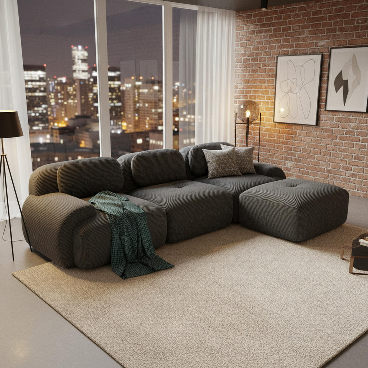 ECKSOFA in cordstoff grau rahmenloses design & modular - Grau, Textil (178/298cm) - Urban Meuble