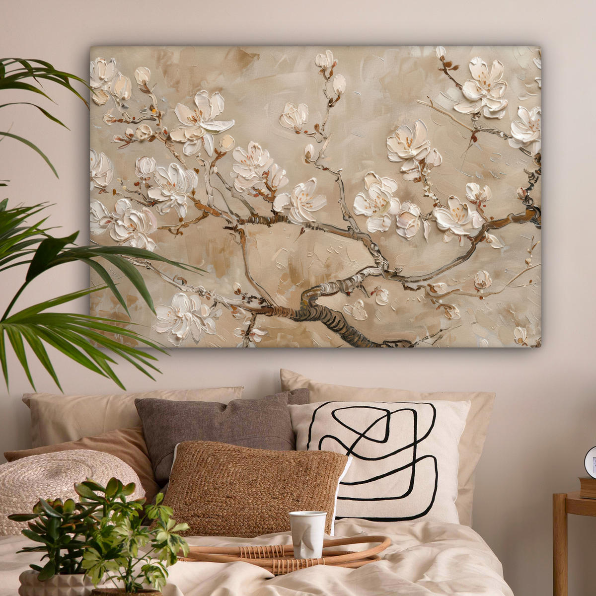 LEINWANDBILD - Blumen - Modern - Beige - Weiß - Blüte - 120x80 - Kunstdruck - Beige, Textil (120/80cm) - MuchoWow