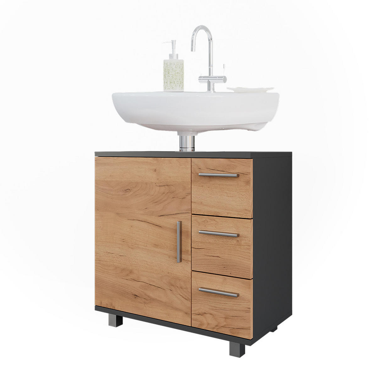 WASCHBECKENUNTERSCHRANK Ilias Anthrazit/Goldkraft Eiche 60.2 x 60.8 cm mit Tür und 3 Schubladen - Honigeiche/Anthrazit, Holzwerkstoff (60/60.8/33cm) - Vicco