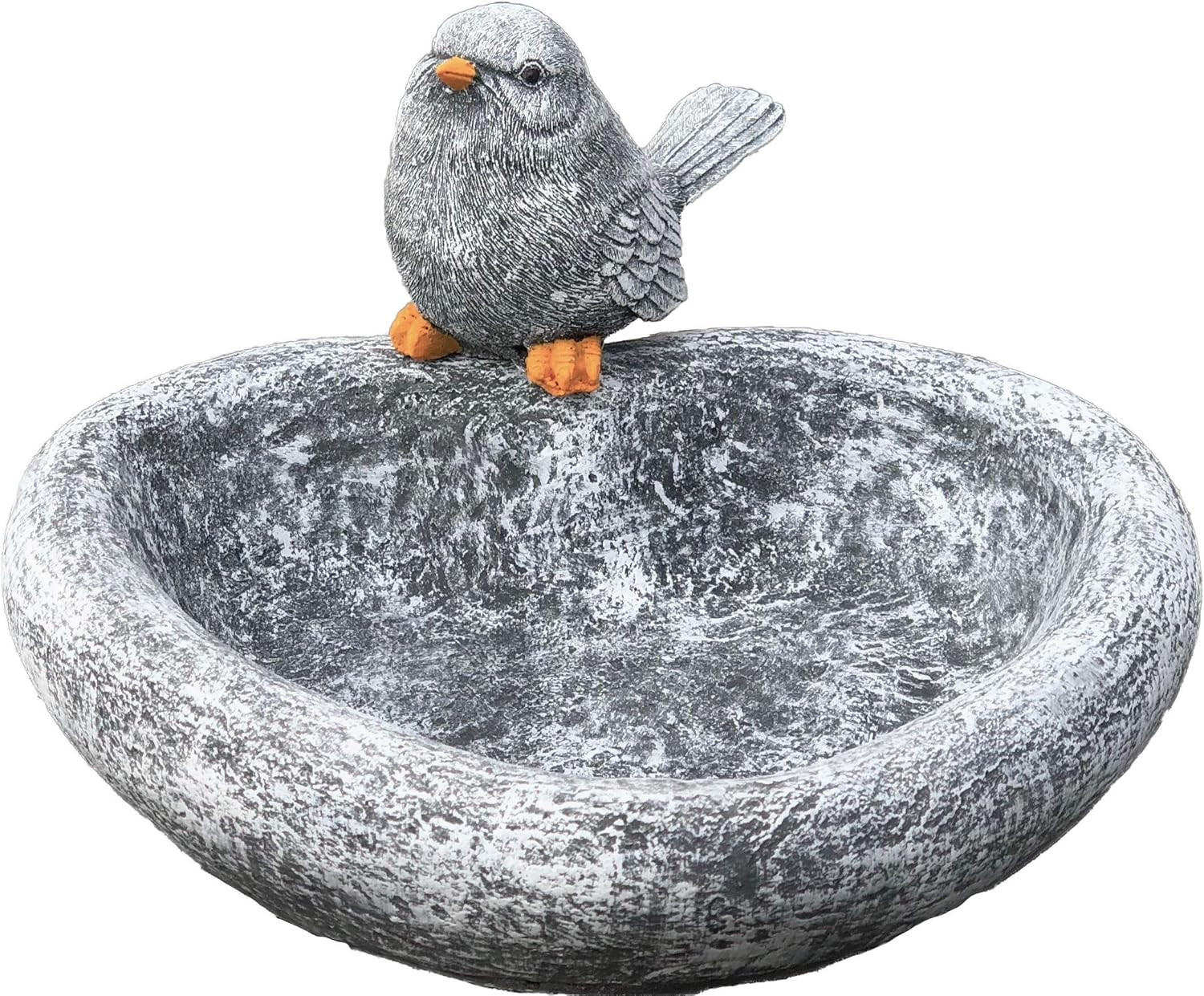 STEIN Vogeltränke mit Vogelfigur aus massiven Steinguss, frostfest - Grau, Stein (27/8/27cm) - stoneandstyle