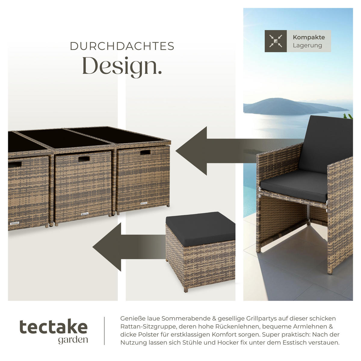 RATTAN SITZGRUPPE New York,2 Bezugssets, zusammenschiebbar, inklusive Schutzhülle,natur - Naturfarben, Kunststoff - tectake