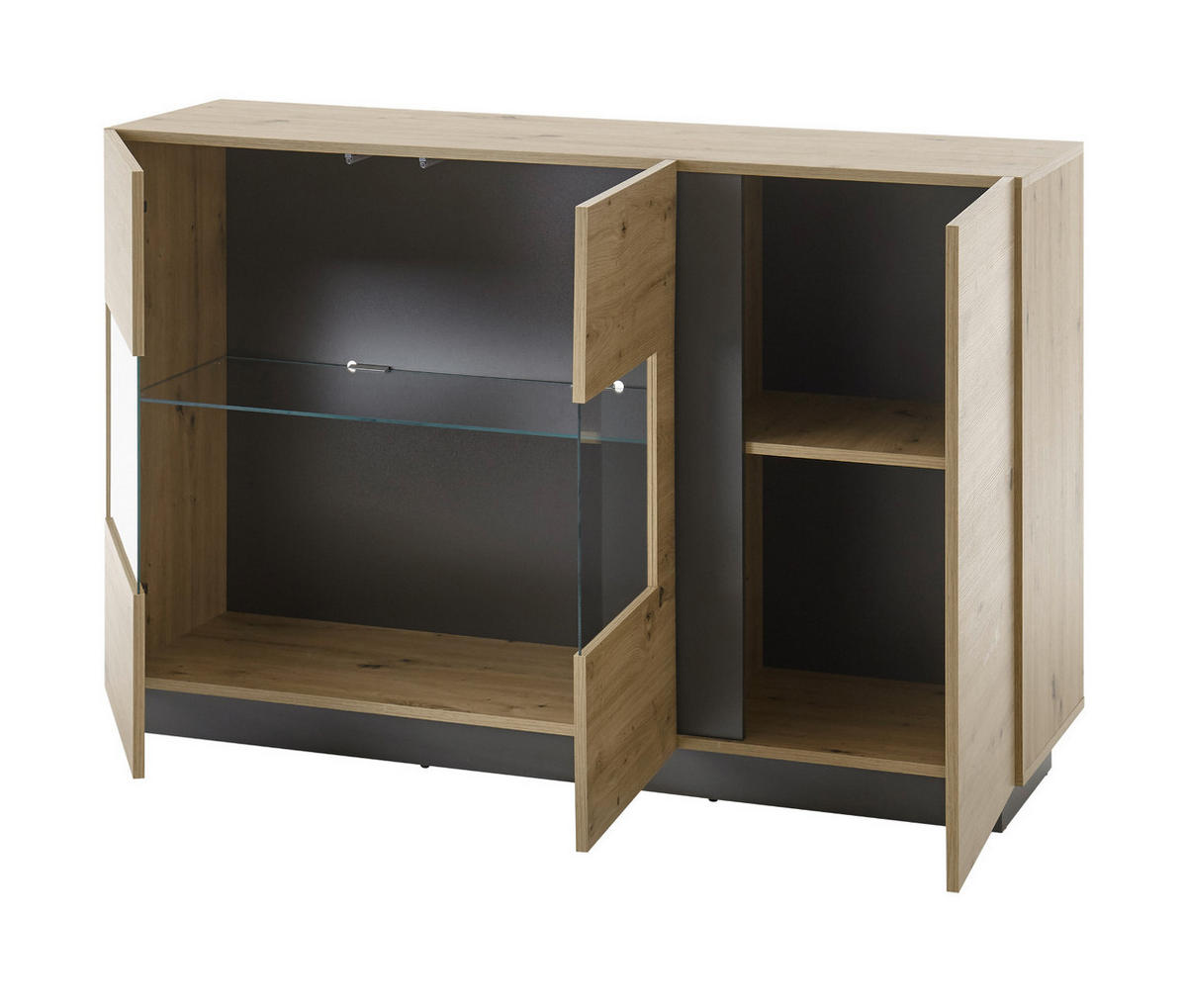 SIDEBOARD Eiche Artisan, Graphit grau 138 cm, Kommode mit Soft-Close - Eiche Artisan/Grau, Glas/Holz (138/91/40cm) - Furn.Design
