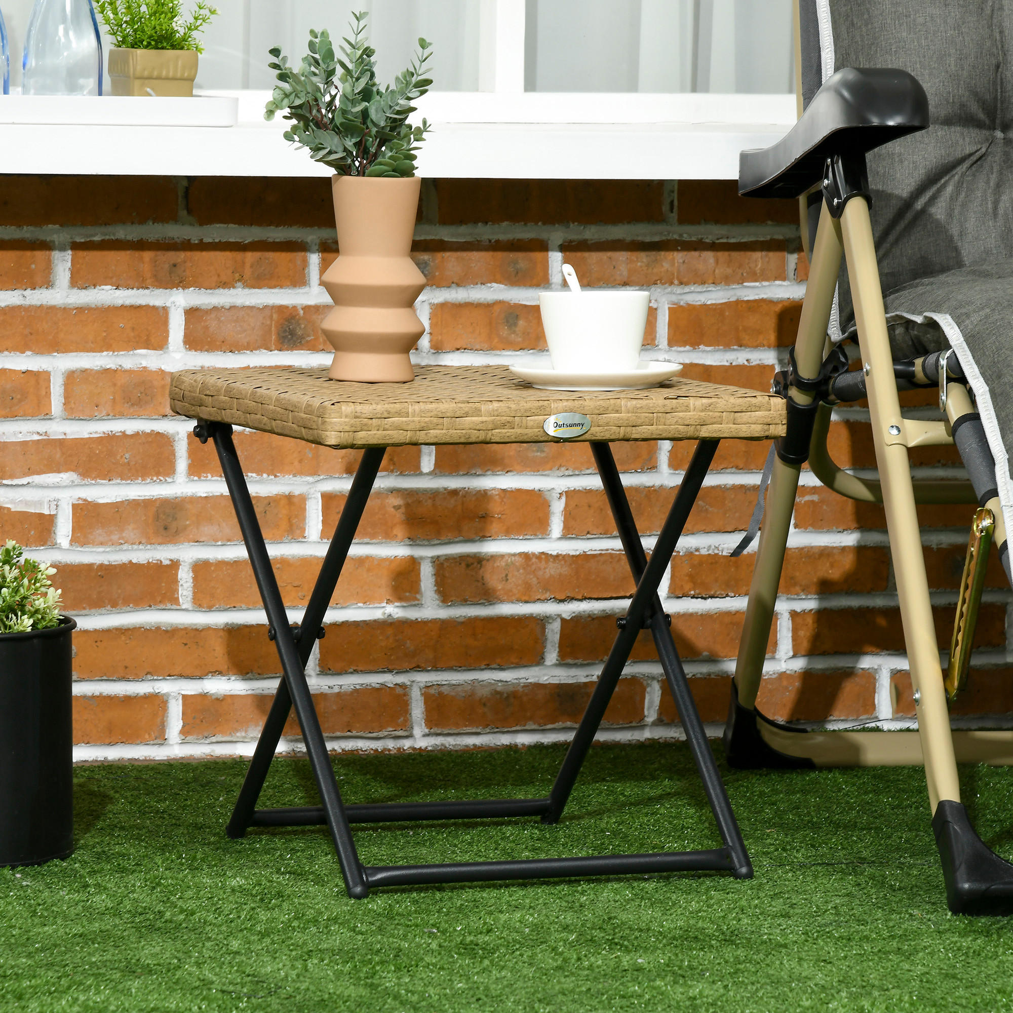 GARTENKLAPPTISCH, Naturholz, Stahl, PE-Rattan - Naturfarben, Kunststoff (40/40/40cm) - Outsunny
