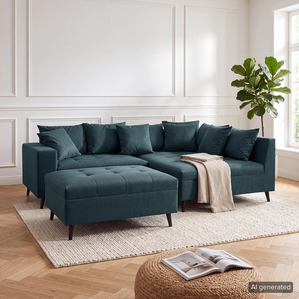 ECKSOFA mit Hocker - Dunkelgrün, Holz/Birkenholz (247/174cm) - home24