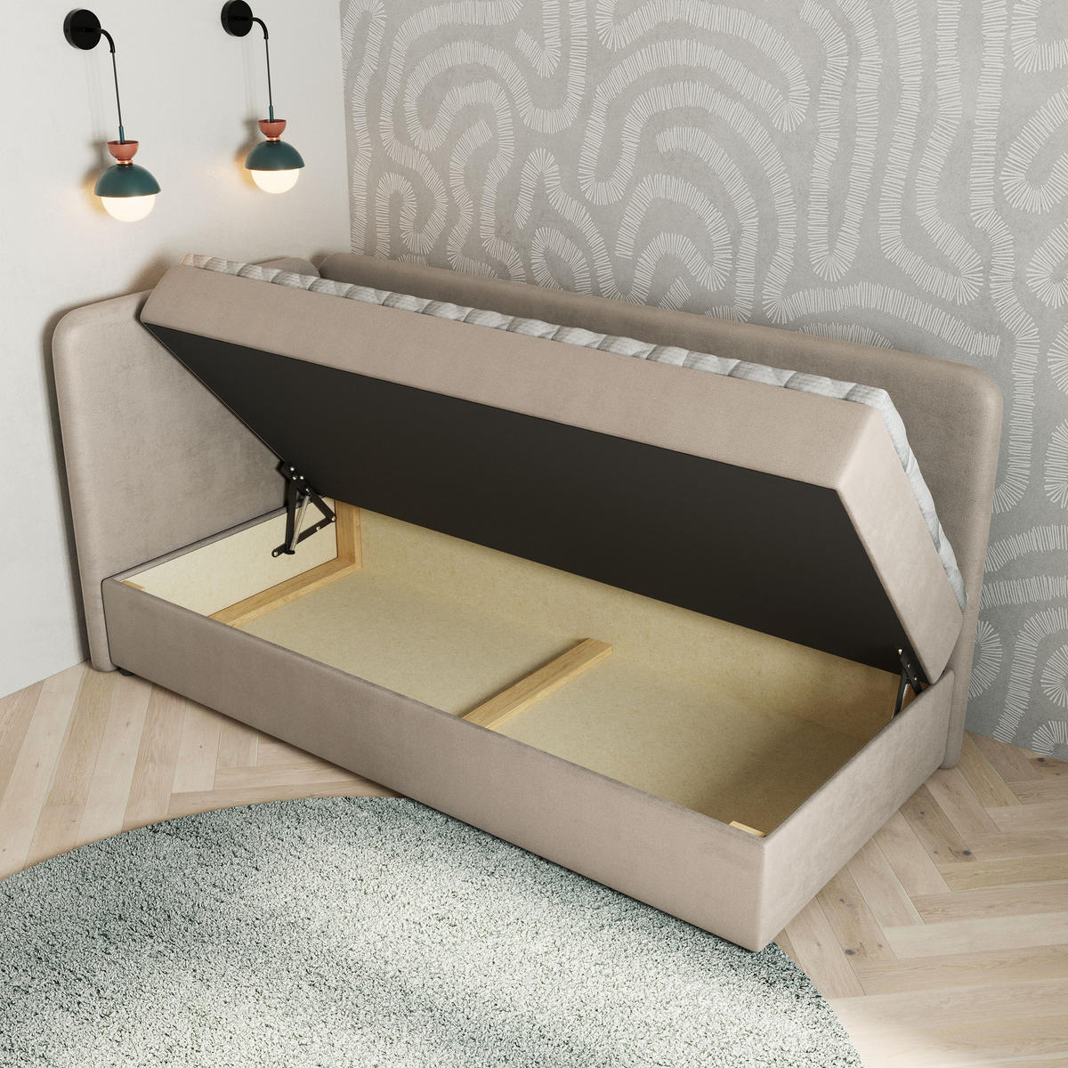 BOXBETT GINA 100x200 cm mit Matratze und Topper, H2+H3 - Beige - Beige, Holz (100/200cm) - MASSENO