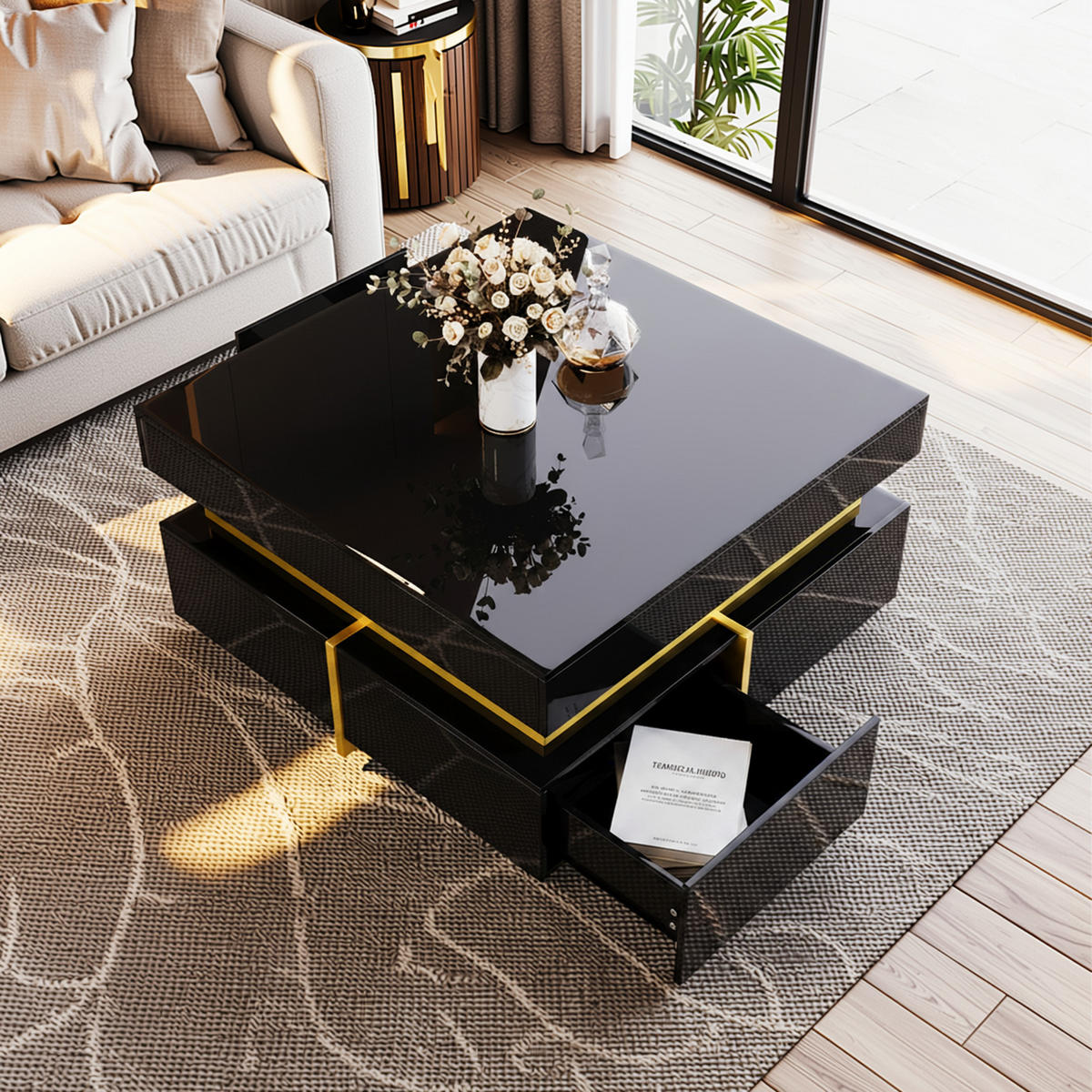 COUCHTISCH mit goldenen akzenten, 2 schubladen & kompaktes design - Schwarz, Holzwerkstoff (70/70/35.5cm) - Urban Meuble