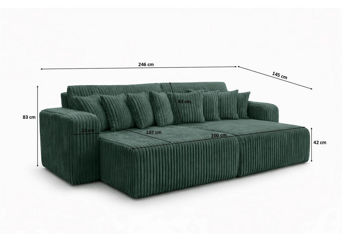 SCHLAFSOFA, Cordstoff Tilia, Grün, PIANO DOUBLE - Grün, Holz (246/83/145cm) - Kaiser Möbel