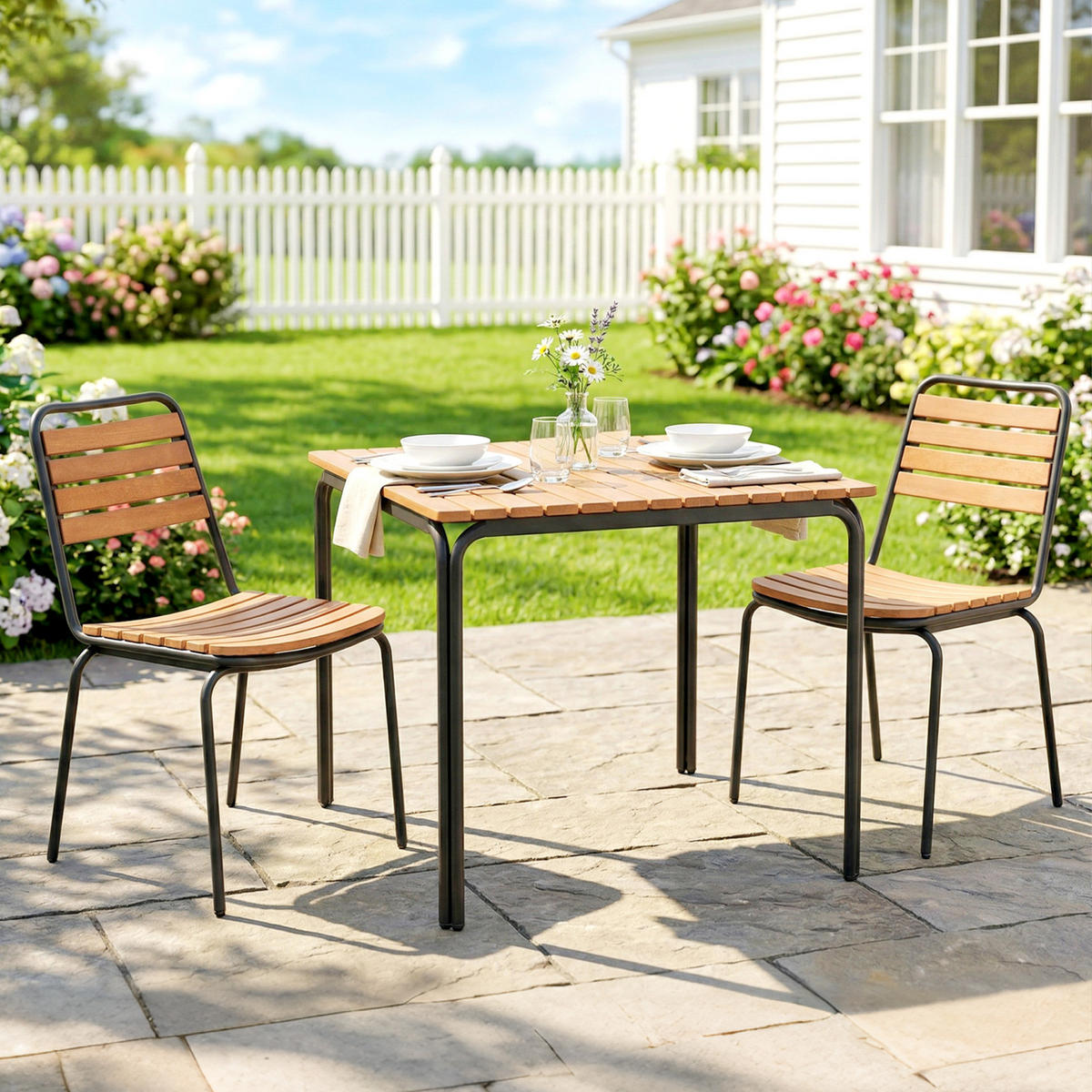 GARTENSTUHL 2er Set wetterfest Gartenstühle aus Stahl und Holz Stapelstuhl mit Rückenlehne bis 160kg belastbar Naturholz - Naturfarben, Metall (61/81/47cm)