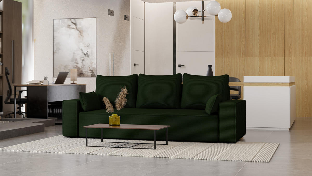 SOFA Vens mit Bettkasten und Schlaffunktion, Cordstoff - Dunkelgrün, Holzwerkstoff (242/85/95cm)