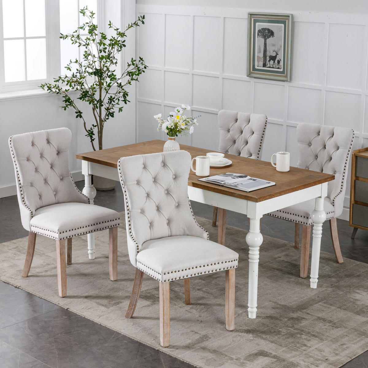 ESSZIMMERSTUHL 2er-Set mit hoher Rückenlehne Leinen Beige - Weiß, Holz (50/95/65cm) - Meubliv