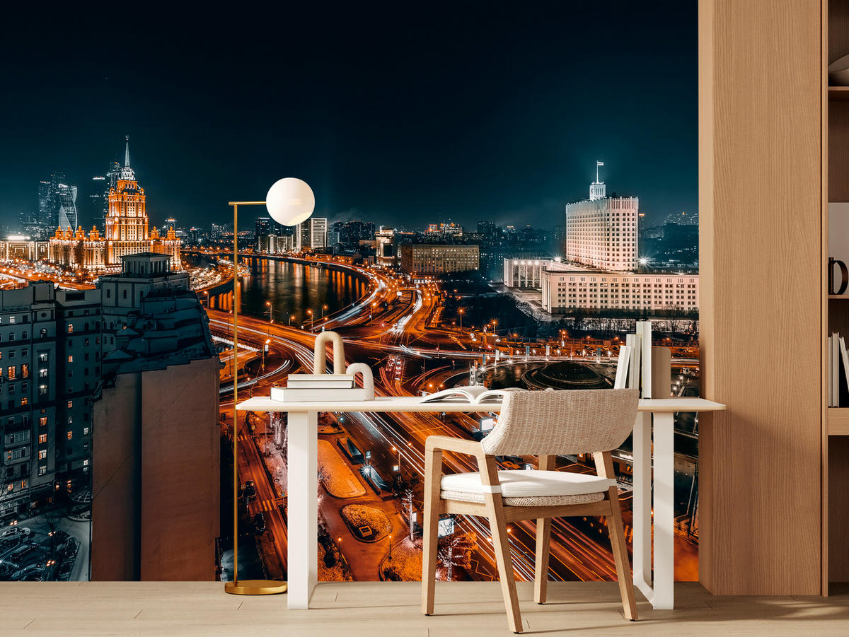 FOTOTAPETE für Wohnzimmer Moskau Nacht Panorama Metropole Straßen 200x140 - Beige/Schwarz, Papier (200/140cm) - Muralo