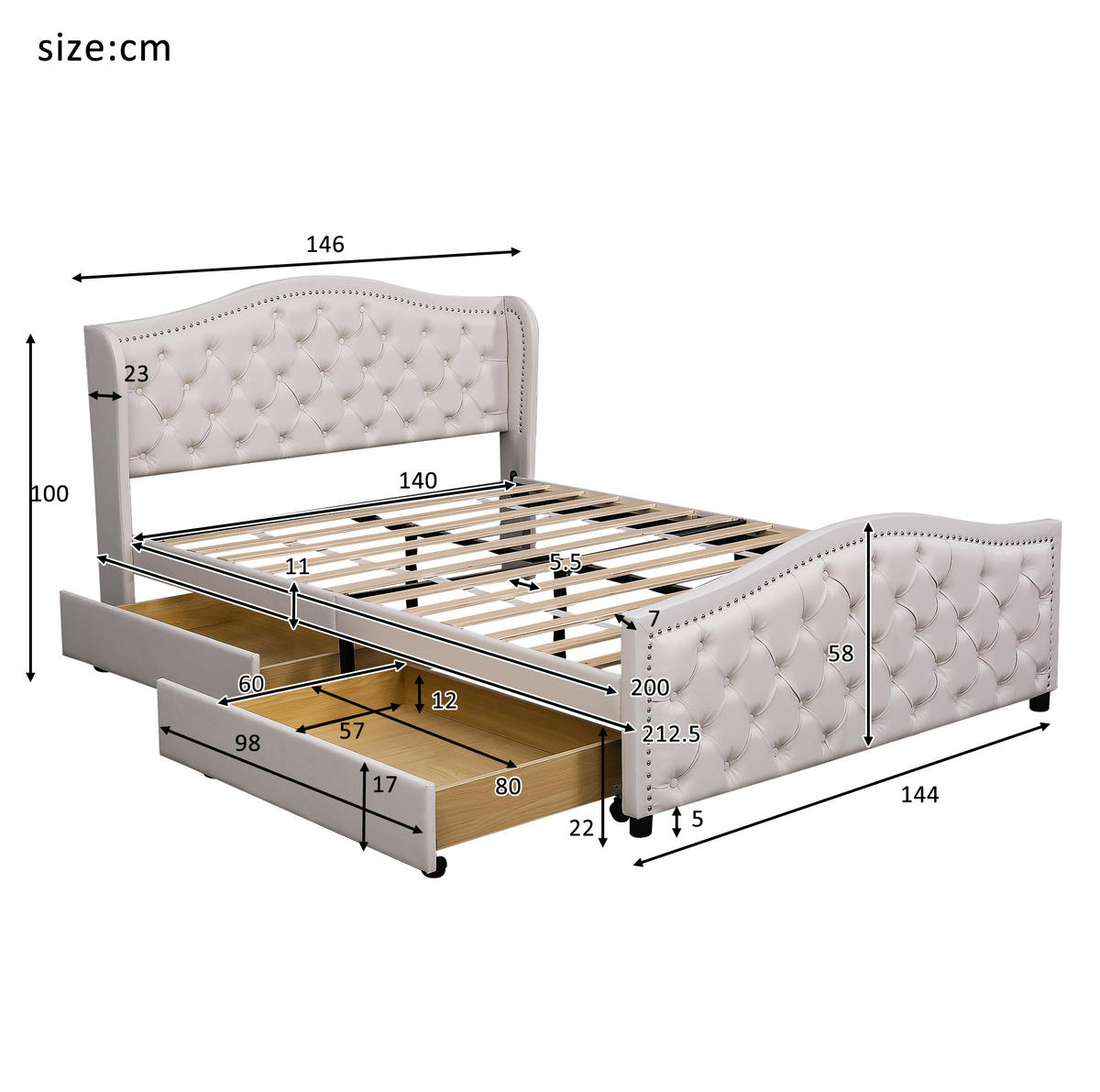 POLSTERBETT 140/200 cm Weiß Chesterfield mit Stauraum und Lattenrost aus PU - Weiß, Kunststoff (140/200cm) - OKWISH