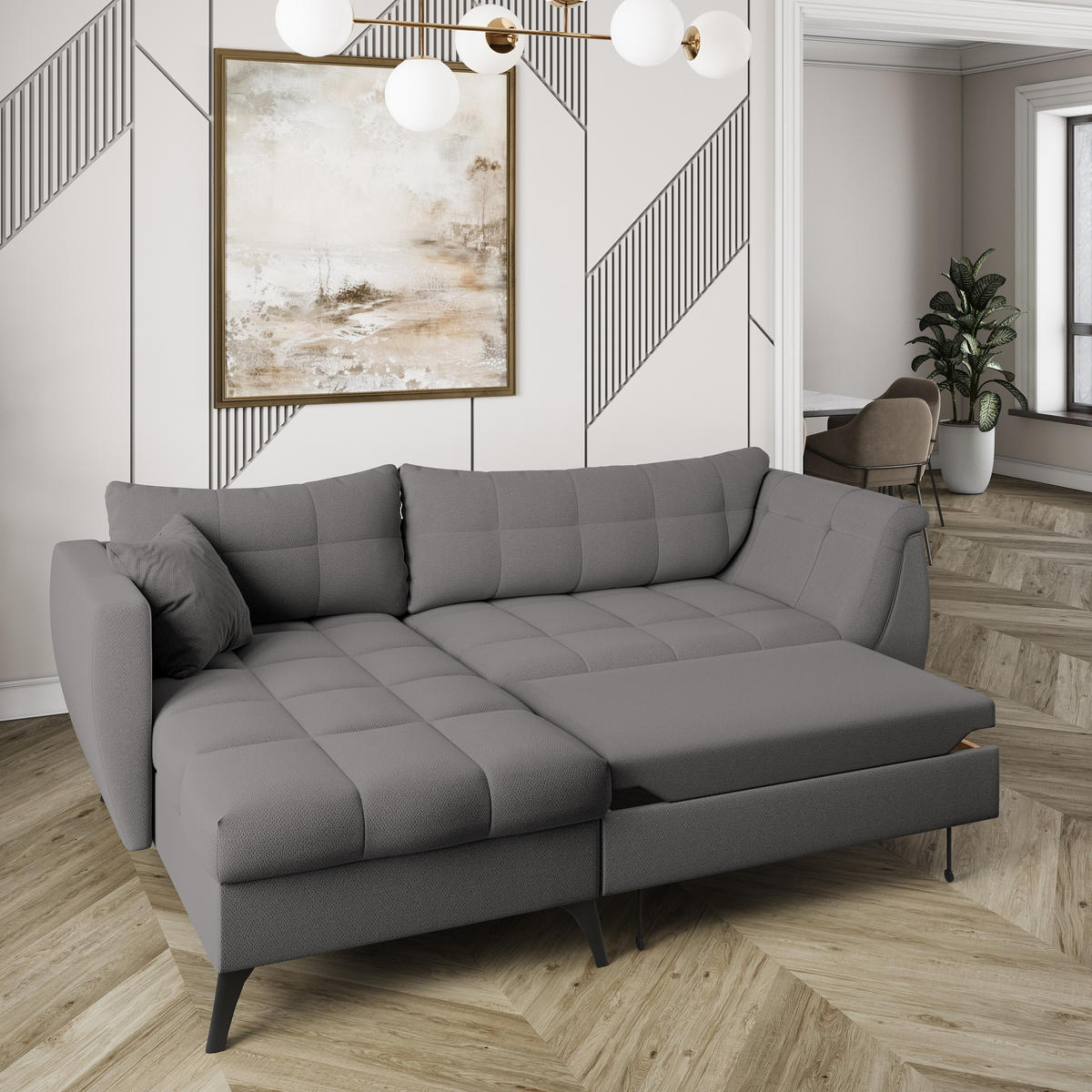 ECKSOFA MOLLIS Grau Geflochtener-Stoff mit Schlaffunktion - Grau, Holz (241/154cm) - MASSENO