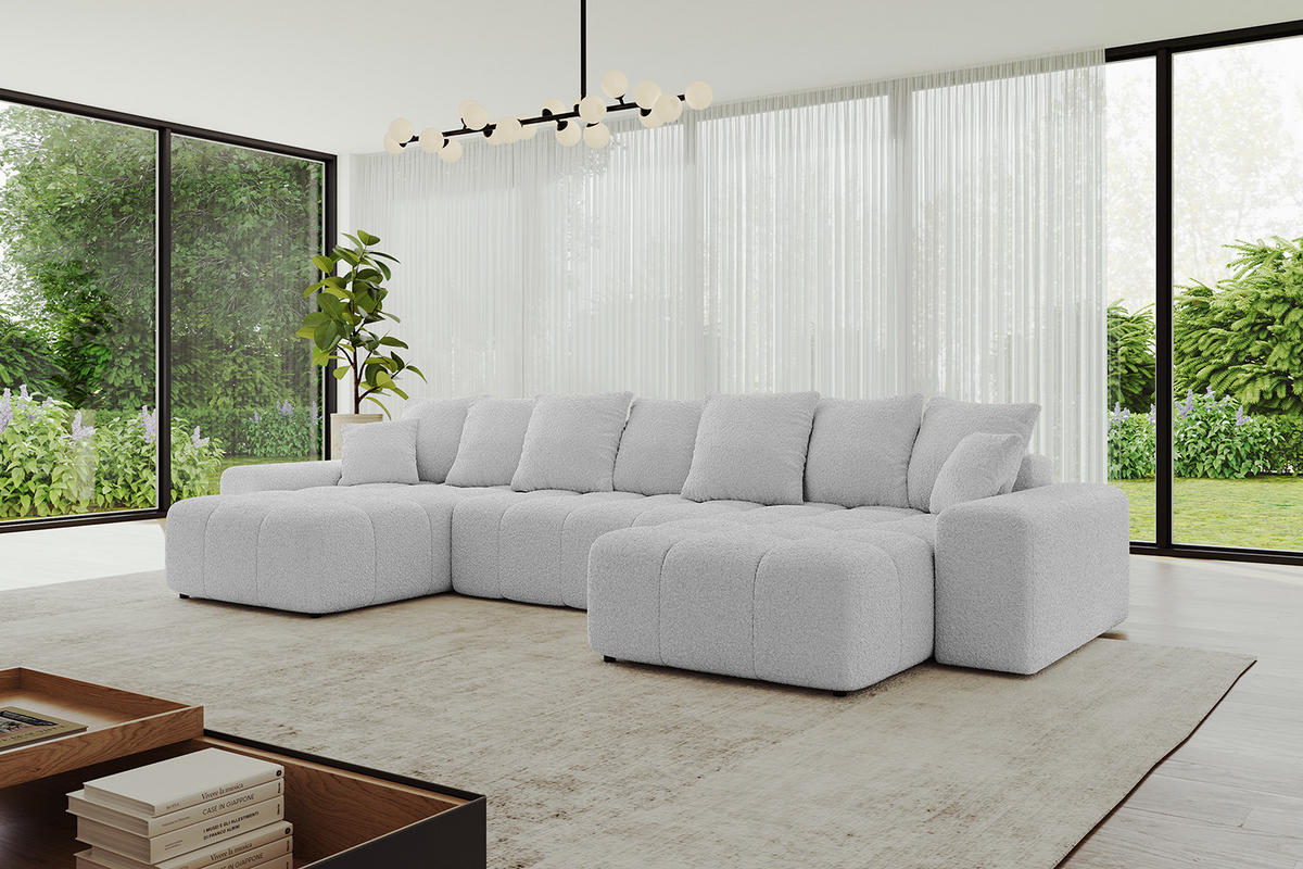 WOHNLANDSCHAFT ENIL-U 390x175x84 Hellgrau Bouclé - Hellgrau, Holzwerkstoff/Kunststoff (390/84/175cm) - ALTDECOR