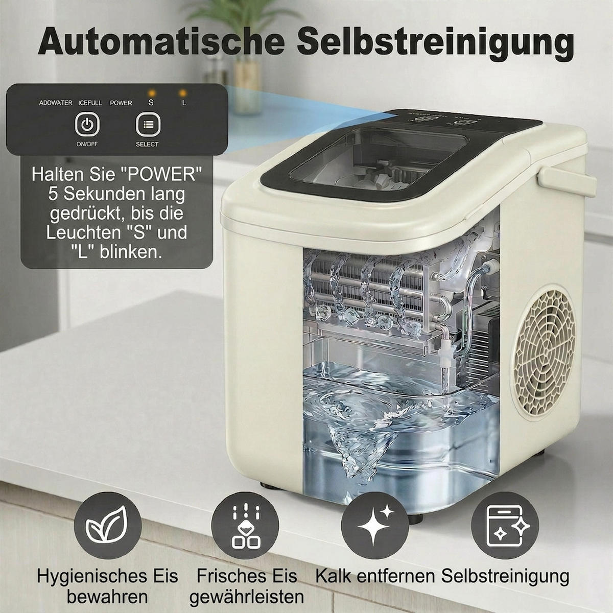 EISWÜRFELMASCHINE 12kg/24h, 1,2 L Wassertank Kältemittel R600a - Beige, Kunststoff (22.6/29.9/28.3cm)