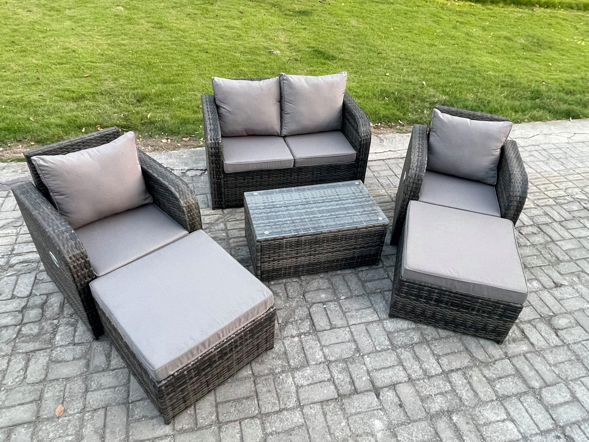 GARTENMÖBELGARNITUR mit KISSEN Polyrattan Dunkelgrau 6-Sitzer - Dunkelgrau/Grau, Glas/Kunststoff - Fimous