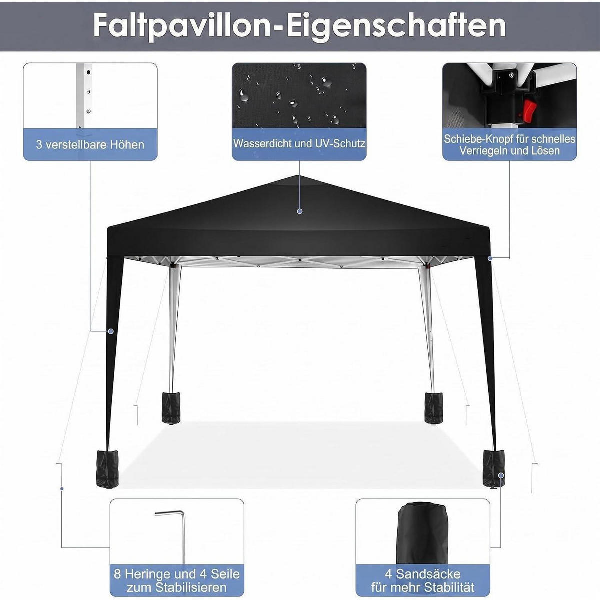 FALTPAVILLON 3x3m Wasserdicht UV-Schutz Schwarz - Schwarz, Textil (300/260/300cm)