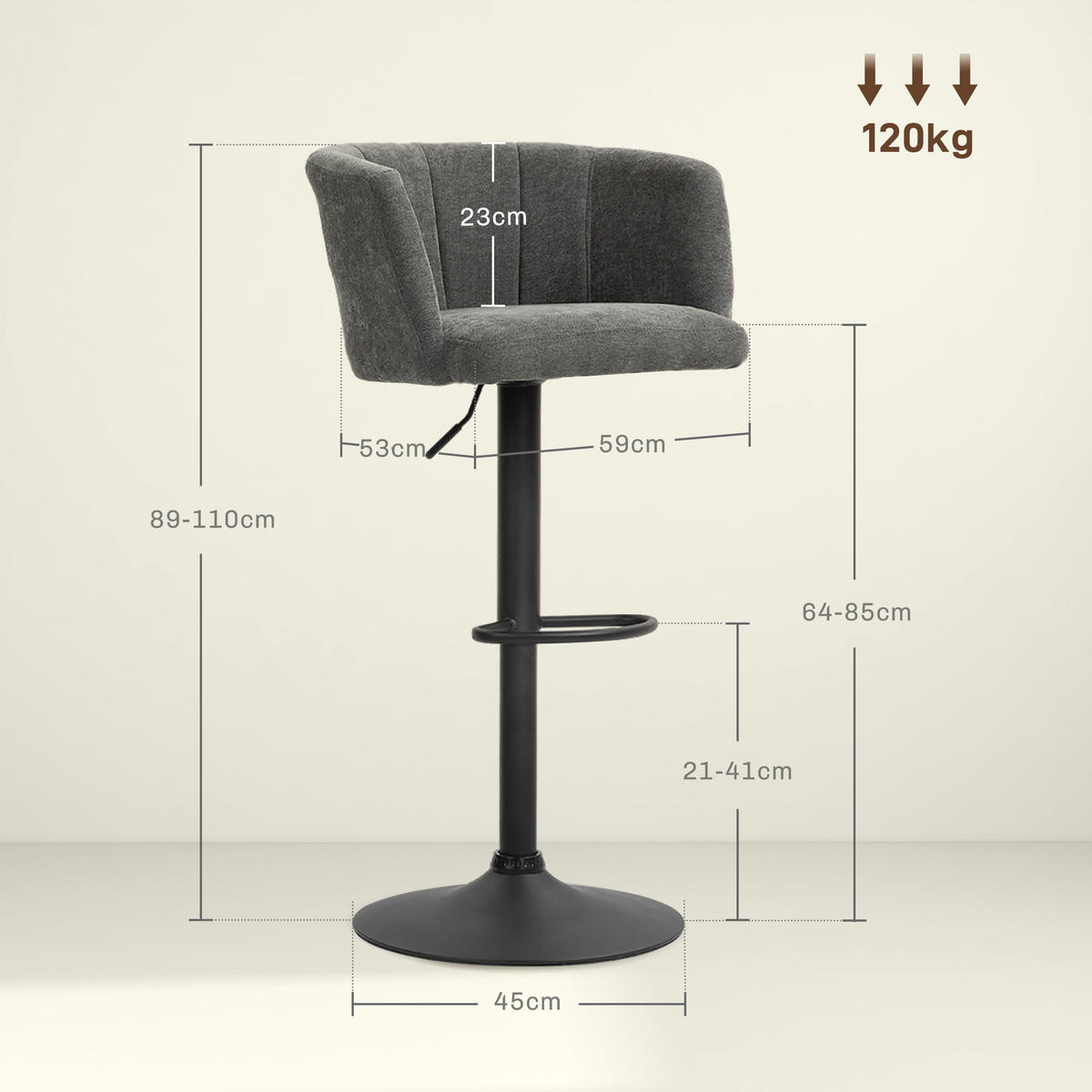 2ER-SET Barhocker, Bistrohocker mit Fußstütze, Drehbar Barstuhl Höhenverstellbar - Dunkelgrau/Schwarz, Kunststoff/Textil (53/110/59cm) - HOMCOM