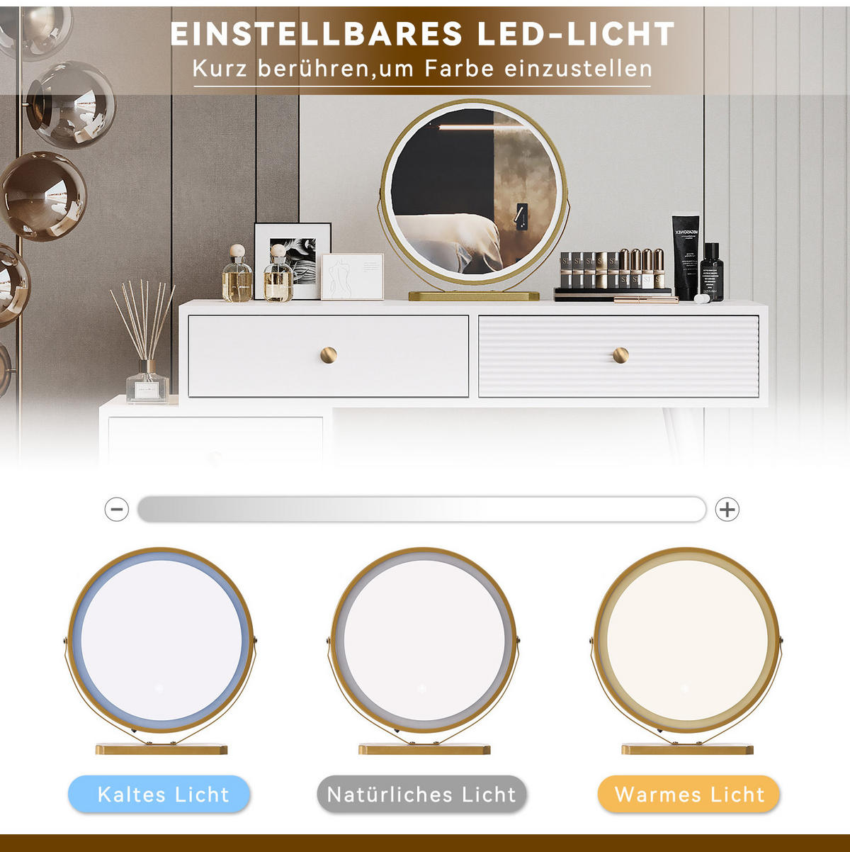 SCHMINKTISCH 100/40/78 cm Weiß mit LED-Beleuchtung und Smart-Touch-Spiegel - Weiß, Holzwerkstoff (40/78.5/100cm) - OKWISH