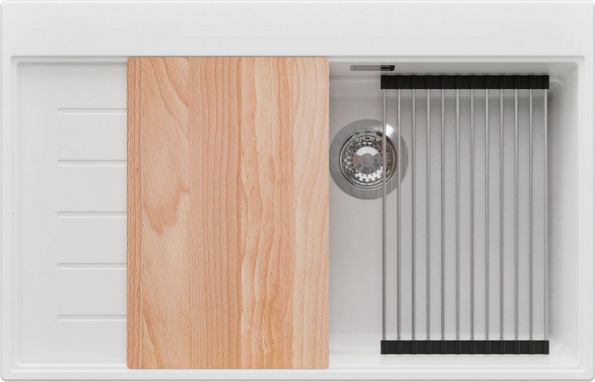 SPÜLBECKEN Sydney, 2-er set Weiß 78/50 cm 1 Becken + Ablauf-Set + Küchenzubehörset ab 60er Unterschrank - Chromfarben/Beige, Kunststoff (78/20/50cm) - Primagran