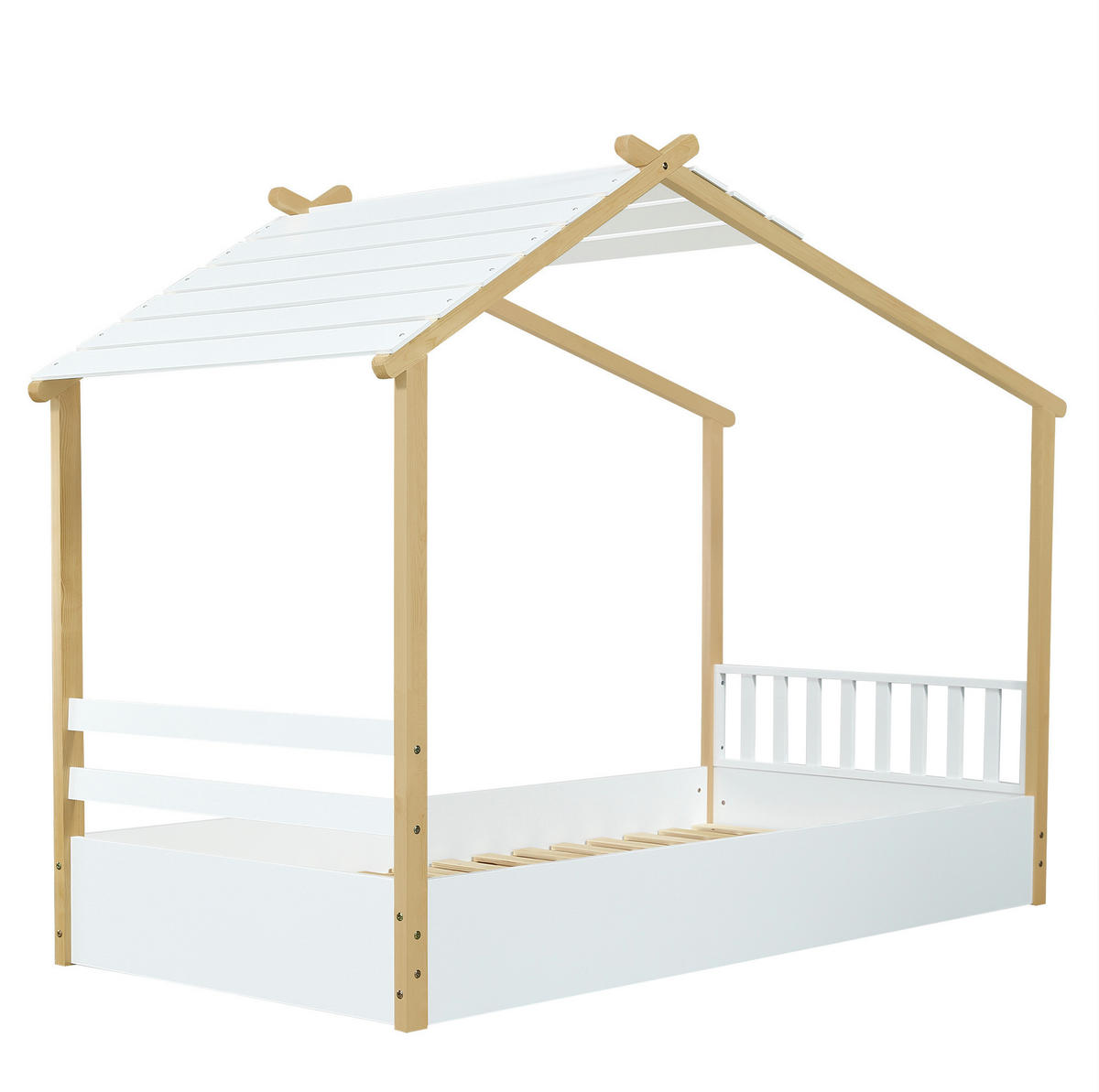 KINDERBETT 90/190 cm mit Hausdesign und stabilem Lattenrost aus Kiefer, MDF und Spanplatte, Weiß/Natur - Weiß, Holz (90/200cm) - Redom
