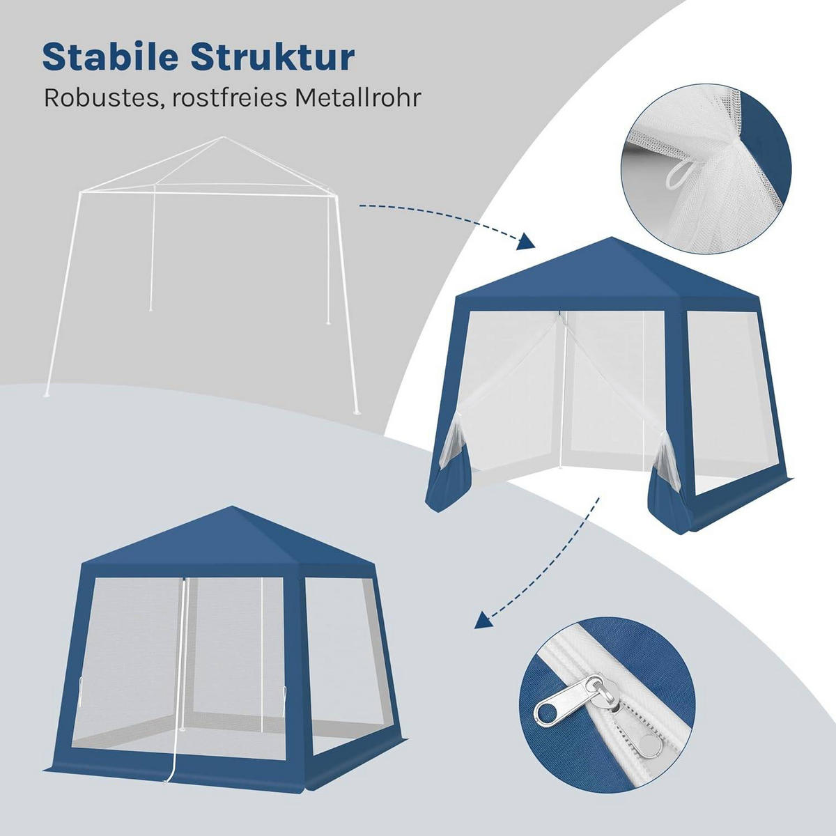 PAVILLON 3x3 m, Gartenpavillon mit Seitenwänden Moskitonetz - Blau, Metall (300/250/300cm) - Woltu