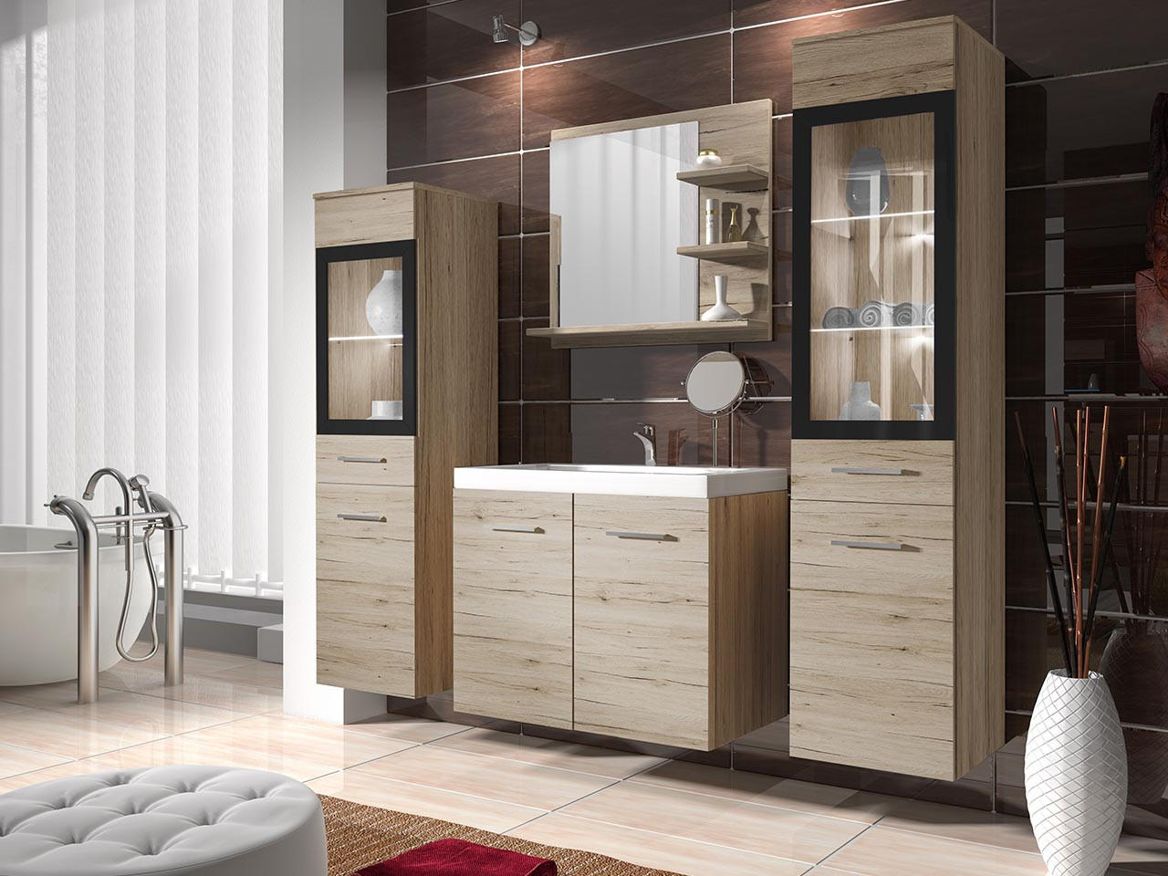 BADMÖBEL-SET Madrit I mit weißer LED Beleuchtung - Eiche San Remo, Holzwerkstoff (30/132/30cm) - MIRJAN24