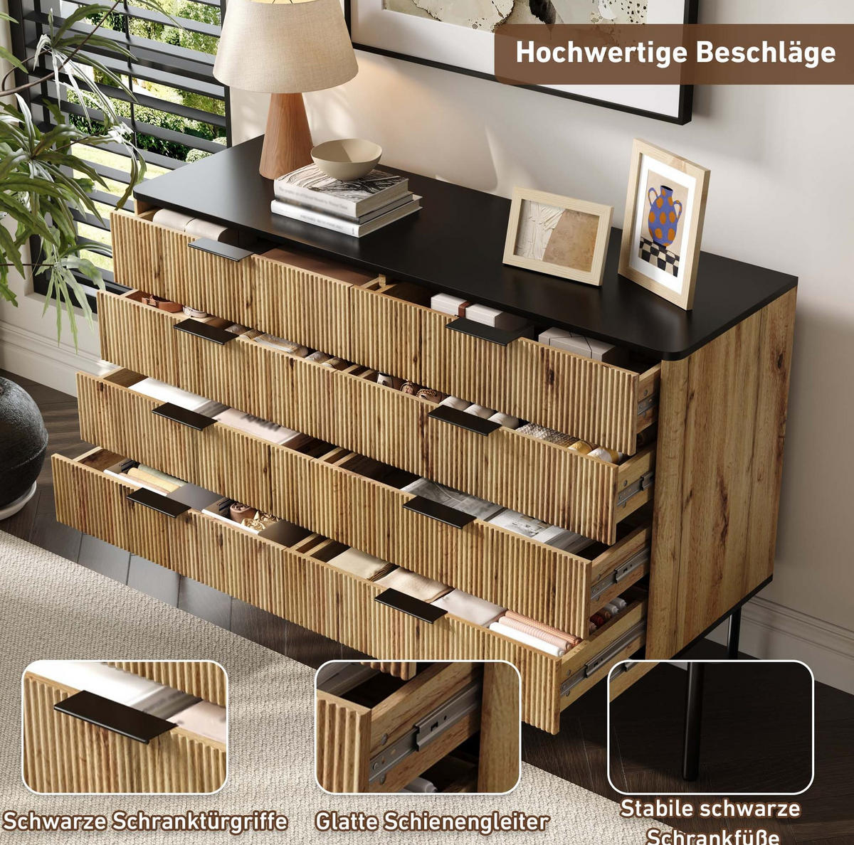 SIDEBOARD 120/39,5/80 cm mit mehreren Schubladen und strukturierter Front aus MDF, Natur/Schwarz - Schwarz, Holzwerkstoff (120/80/39.5cm) - Redom