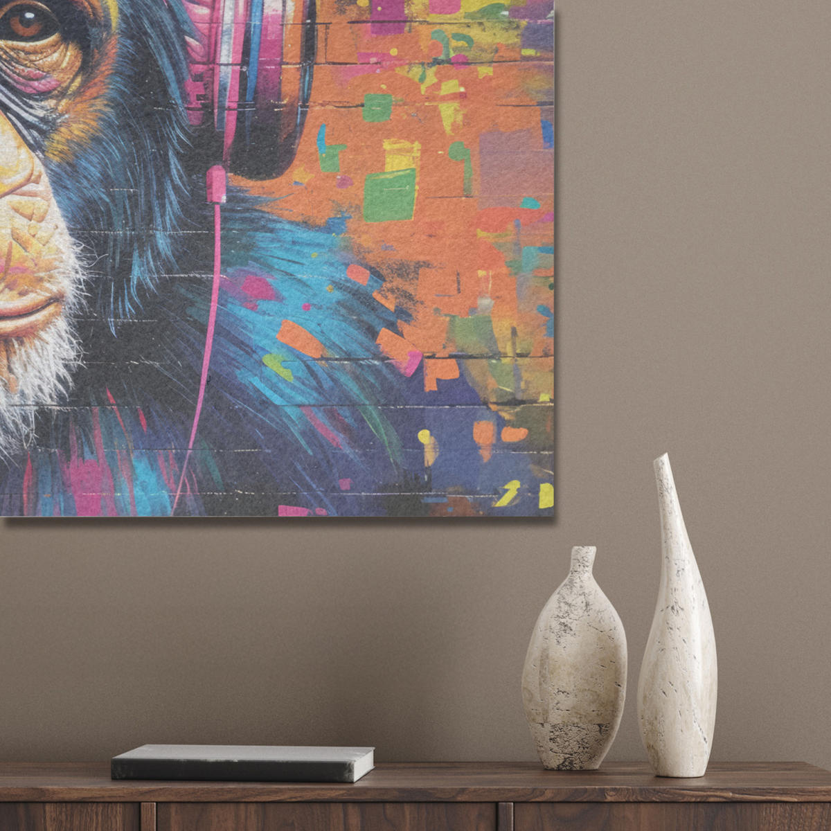 AKUSTIKBILD Graffiti - Schimpanse - Straßenkunst - Kopfhörer - Affe Akustikpaneele 90x60 cm - Blau, Kunststoff (90/60/0.9cm) - MuchoWow